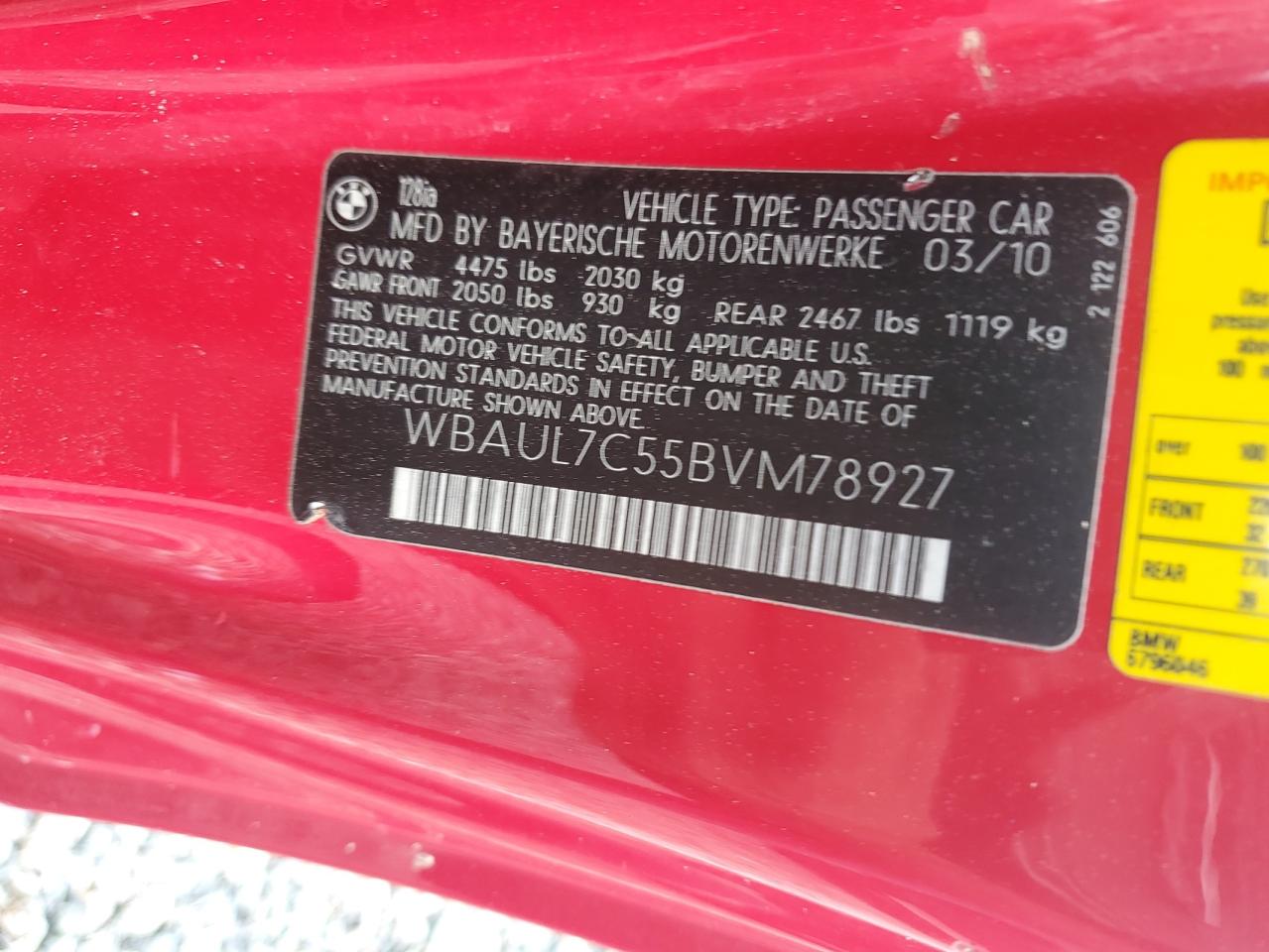 2011 Bmw 128 I Red vin: WBAUL7C55BVM78927