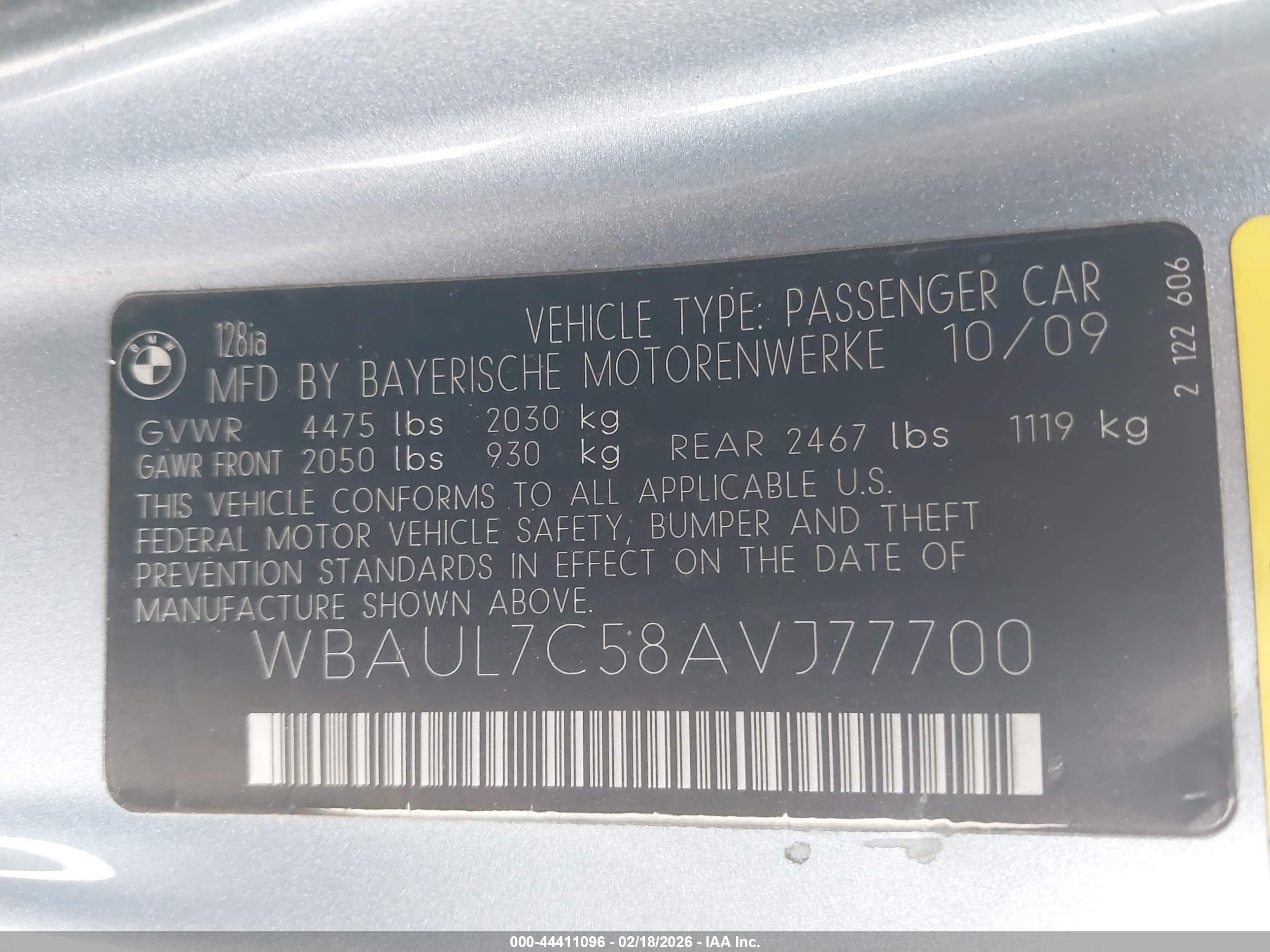 2010 Bmw 128i   Light Blue vin: WBAUL7C58AVJ77700