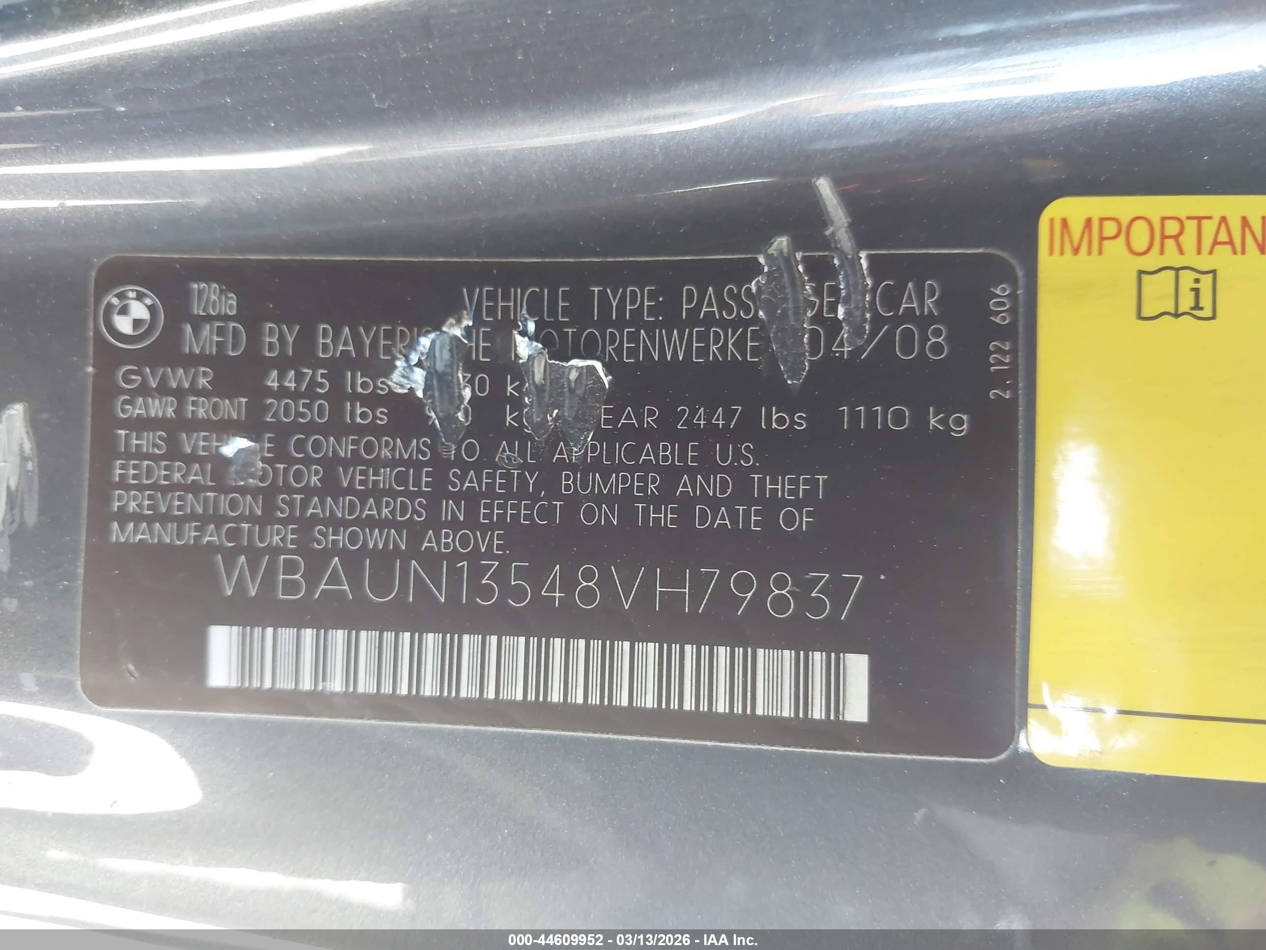 2008 Bmw 128i   Gray vin: WBAUN13548VH79837