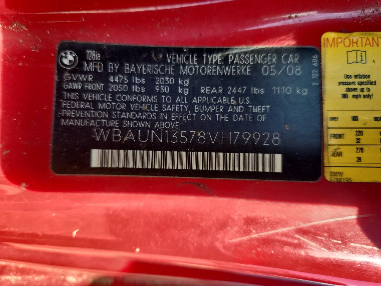 2008 Bmw 128 I Red vin: WBAUN13578VH79928