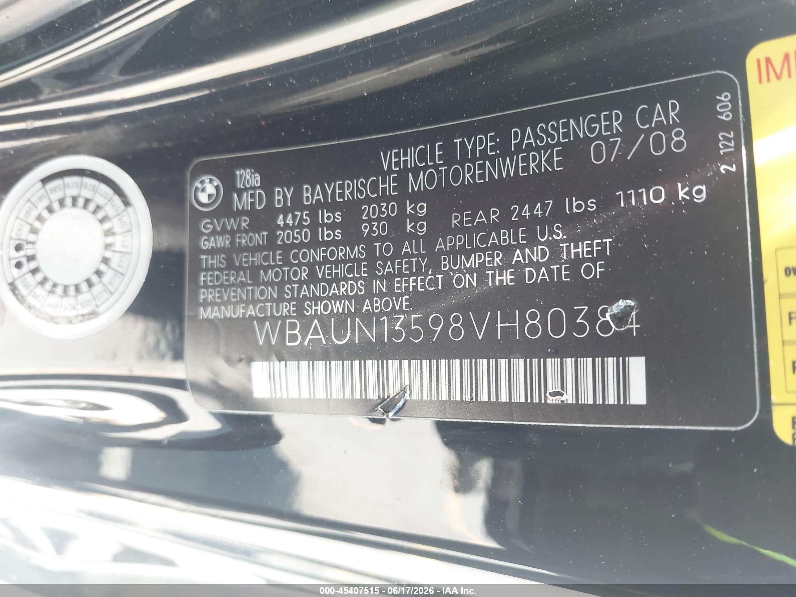 2008 Bmw 128i   Черный vin: WBAUN13598VH80384