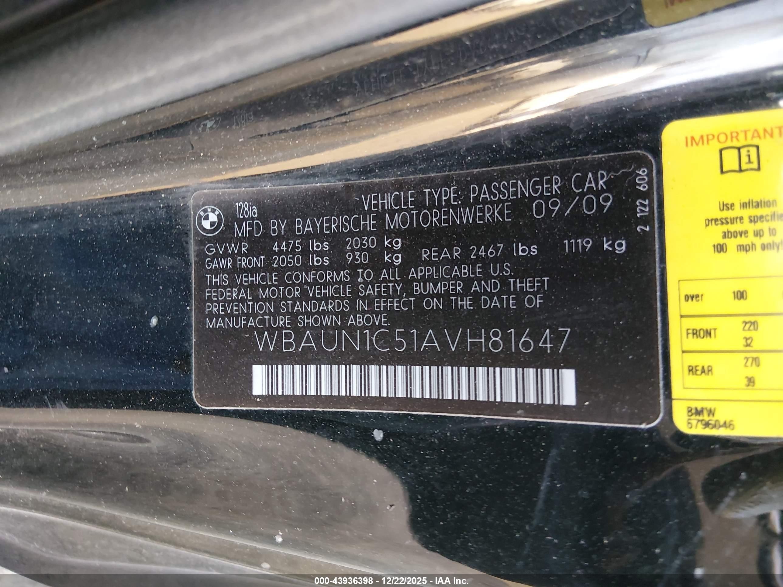 2010 Bmw 128i   Black vin: WBAUN1C51AVH81647
