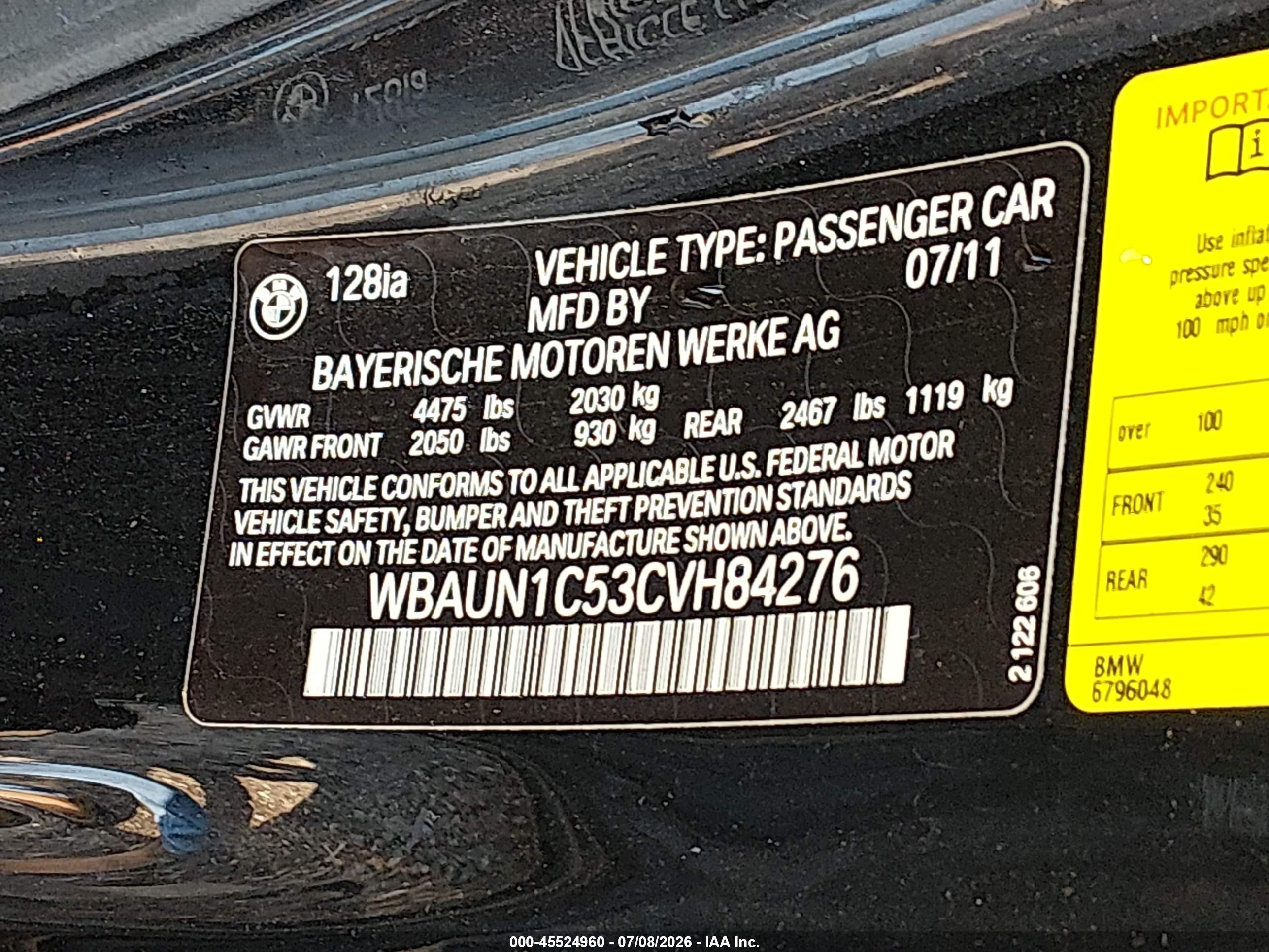 2012 Bmw 128i   Black vin: WBAUN1C53CVH84276