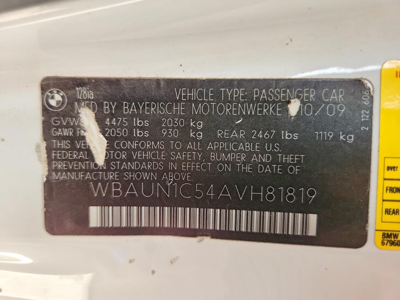 2010 Bmw 128 I White vin: WBAUN1C54AVH81819