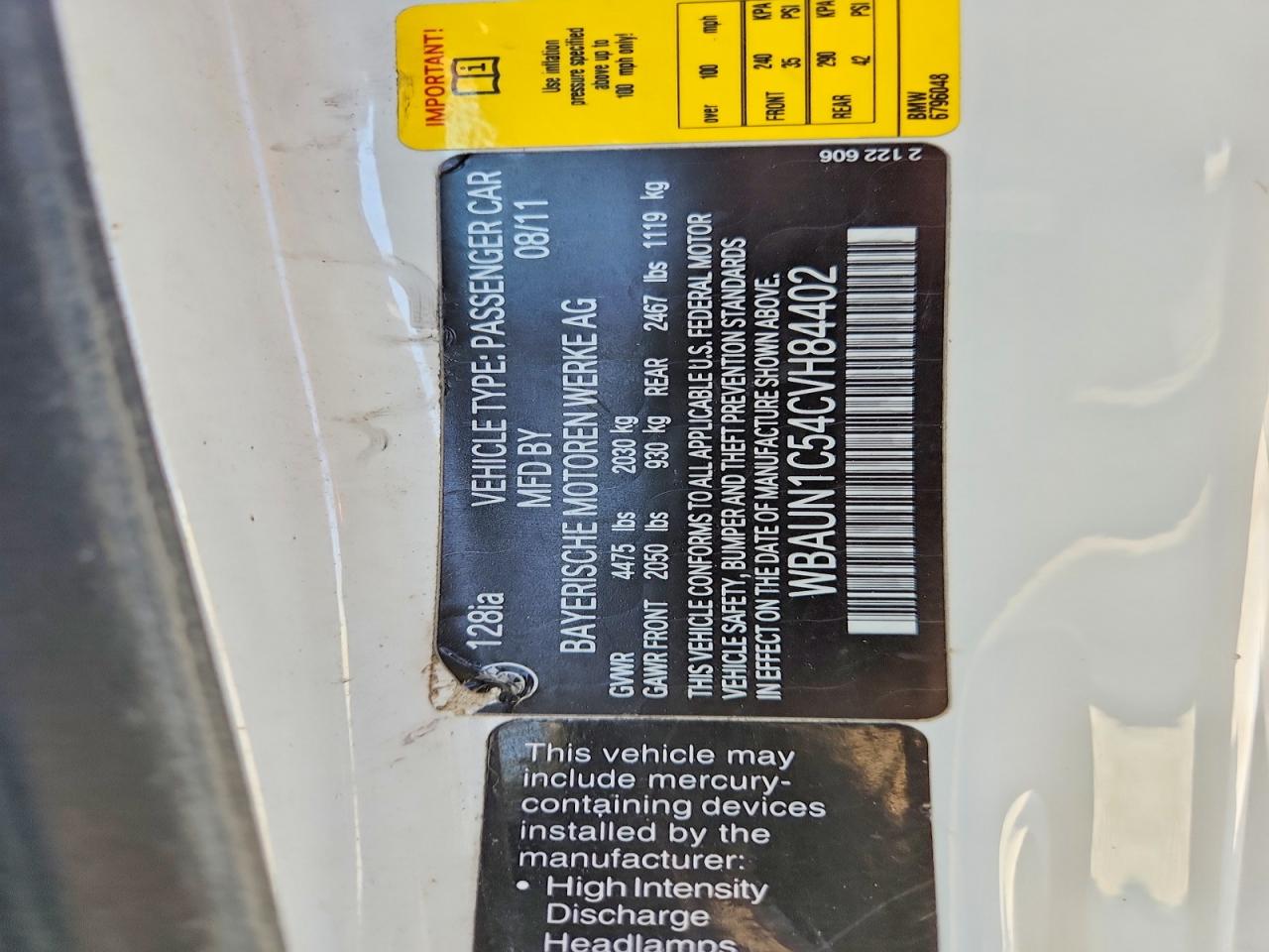 2012 Bmw 128 I White vin: WBAUN1C54CVH84402