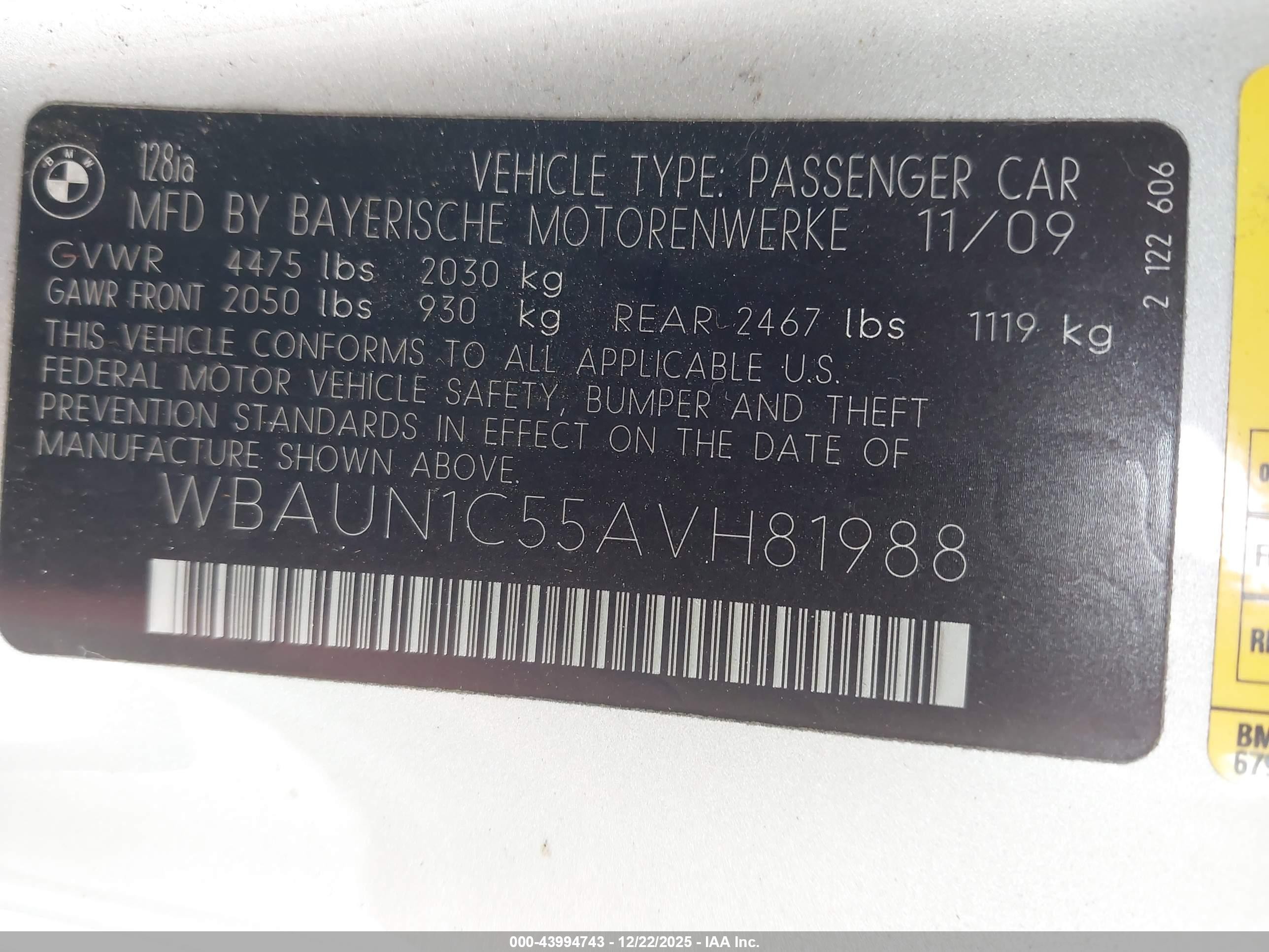 2010 Bmw 128i   Silver vin: WBAUN1C55AVH81988