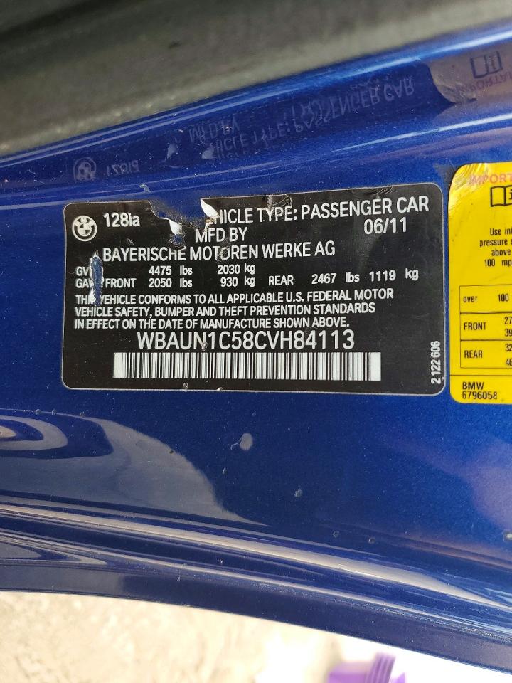 2012 Bmw 128 I Blue vin: WBAUN1C58CVH84113