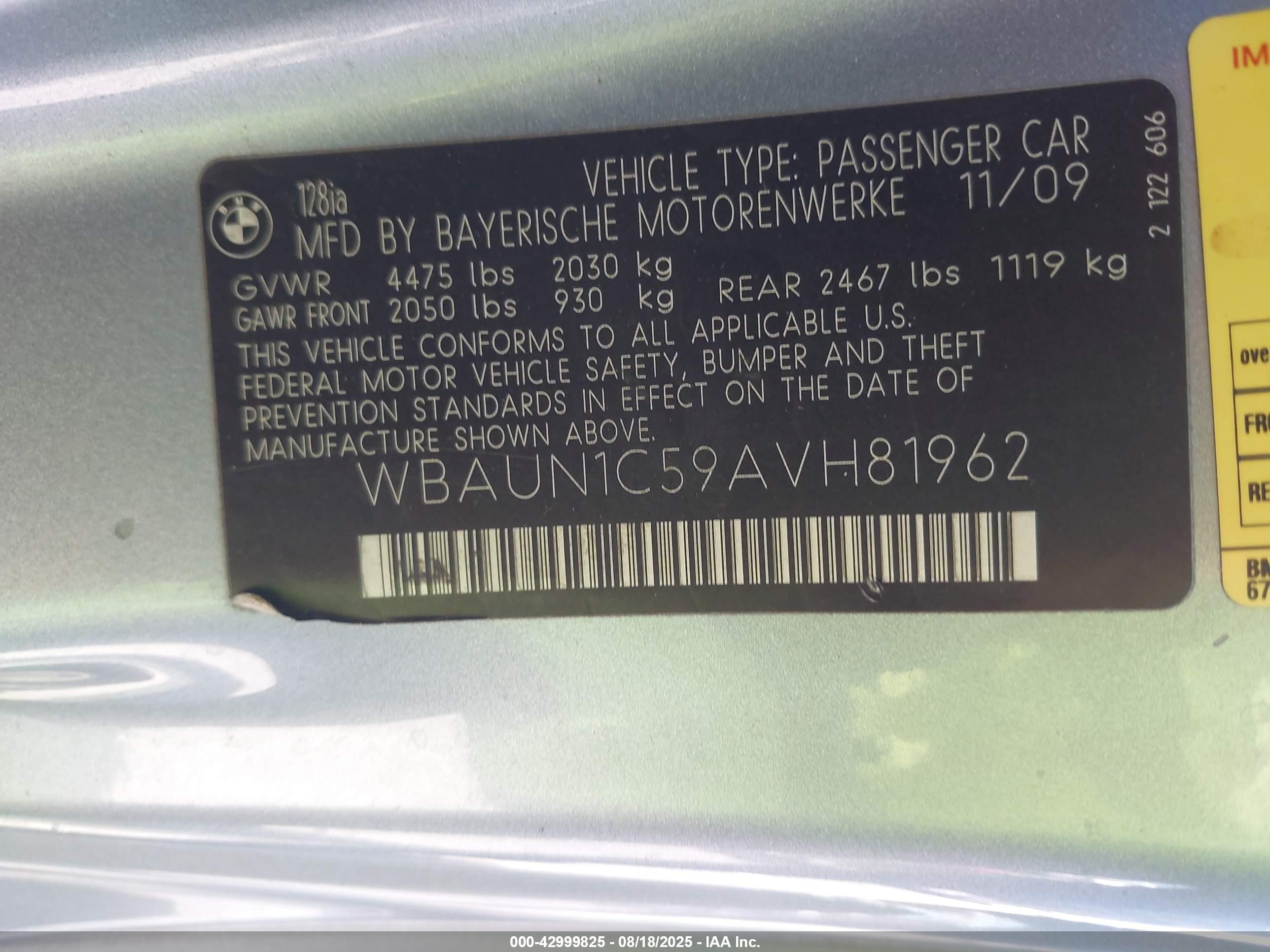 2010 Bmw 128i   Light Blue vin: WBAUN1C59AVH81962