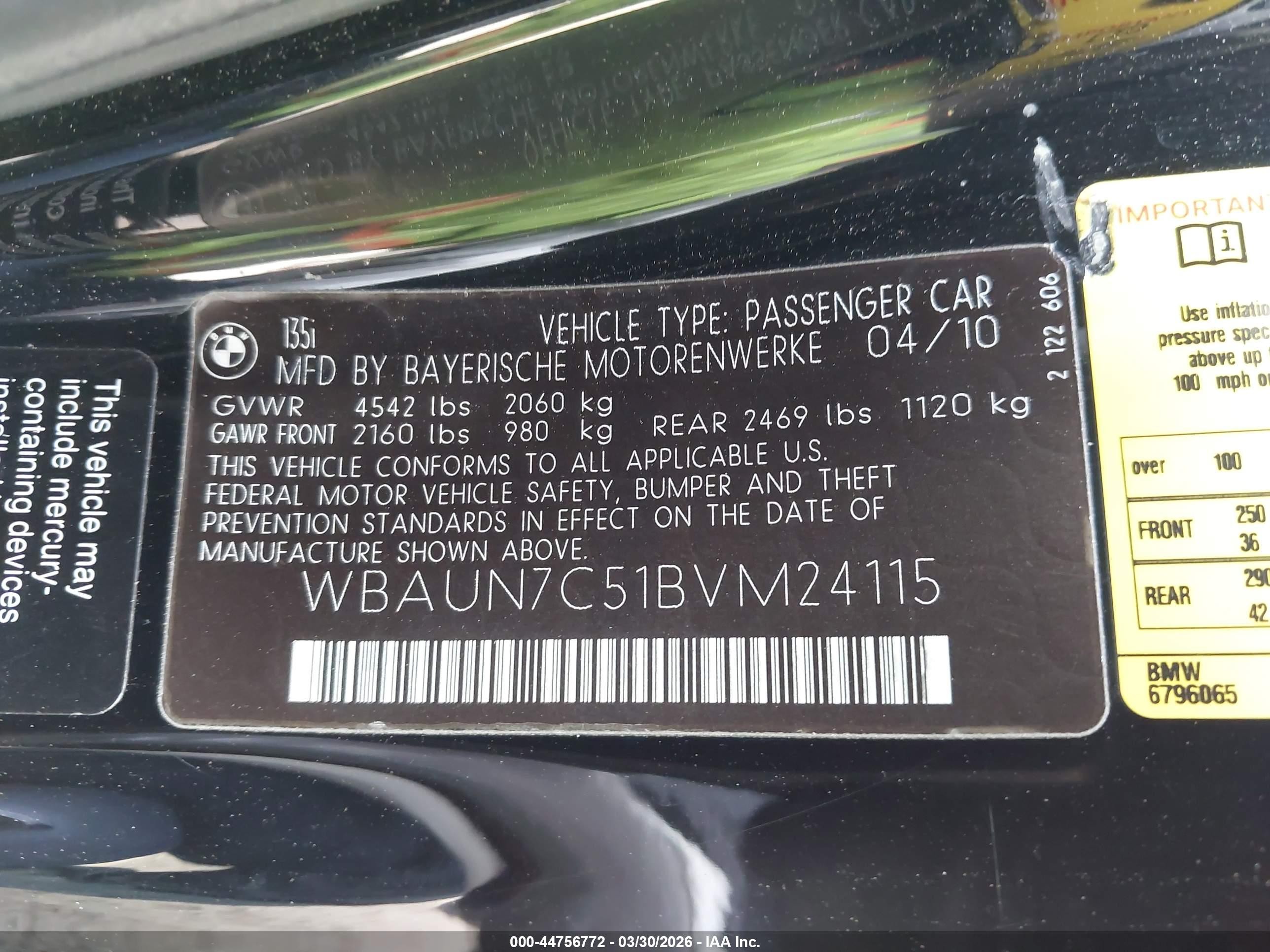 2011 Bmw 135i   Black vin: WBAUN7C51BVM24115