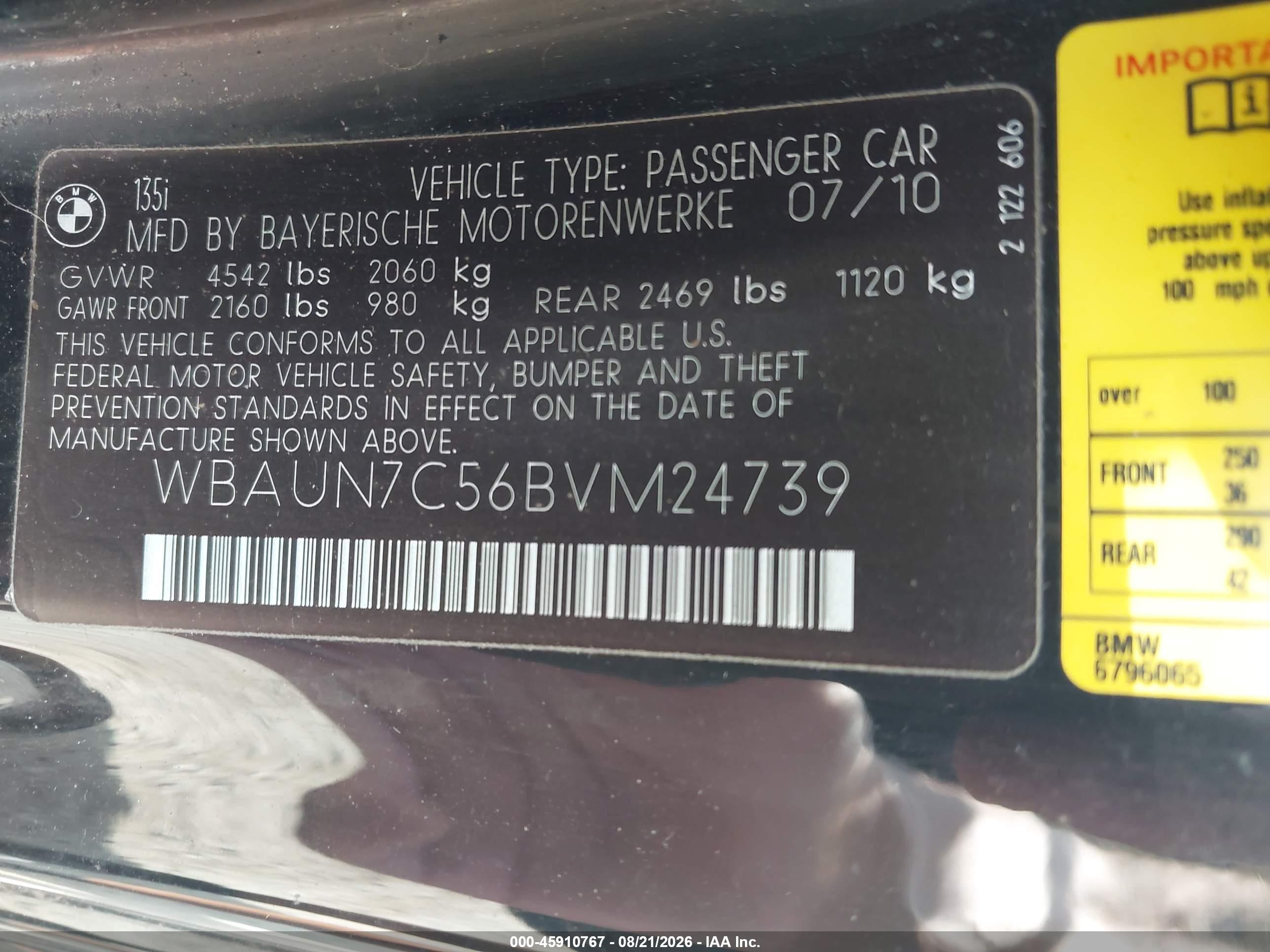 2011 Bmw 135i   Black vin: WBAUN7C56BVM24739