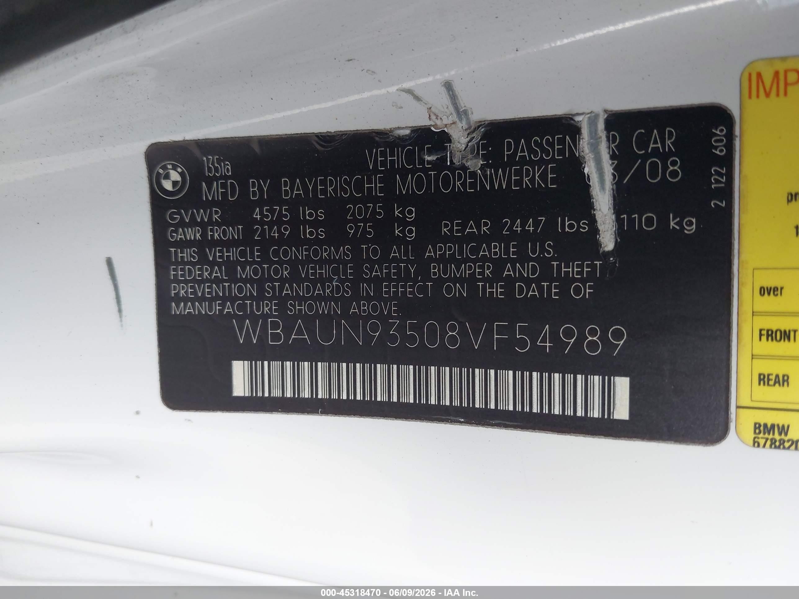 2008 Bmw 135i   White vin: WBAUN93508VF54989