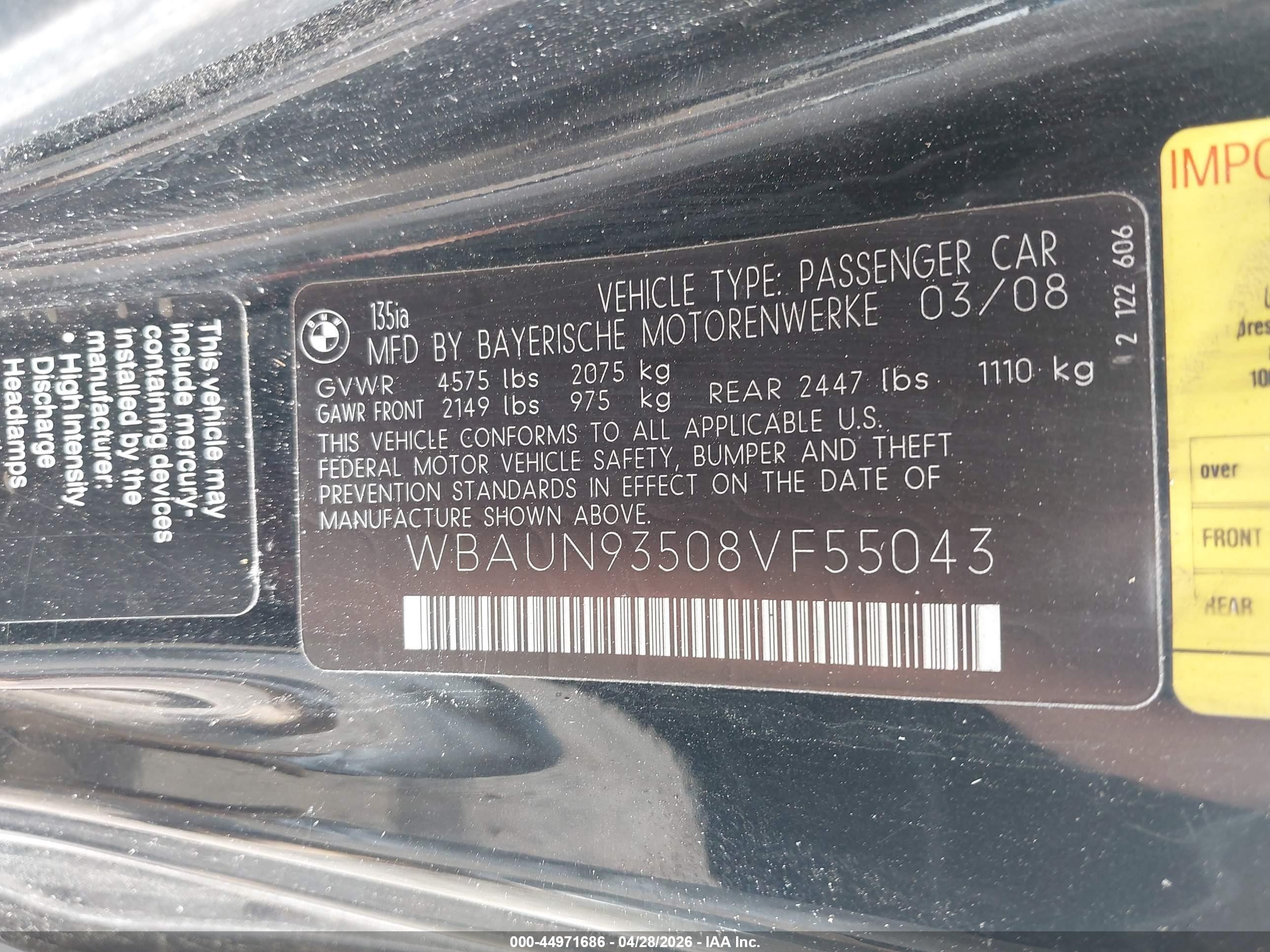 2008 Bmw 135i Black vin: WBAUN93508VF55043