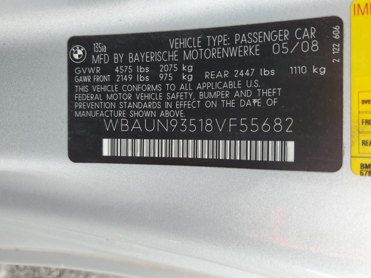2008 Bmw 135 I Серебряный vin: WBAUN93518VF55682