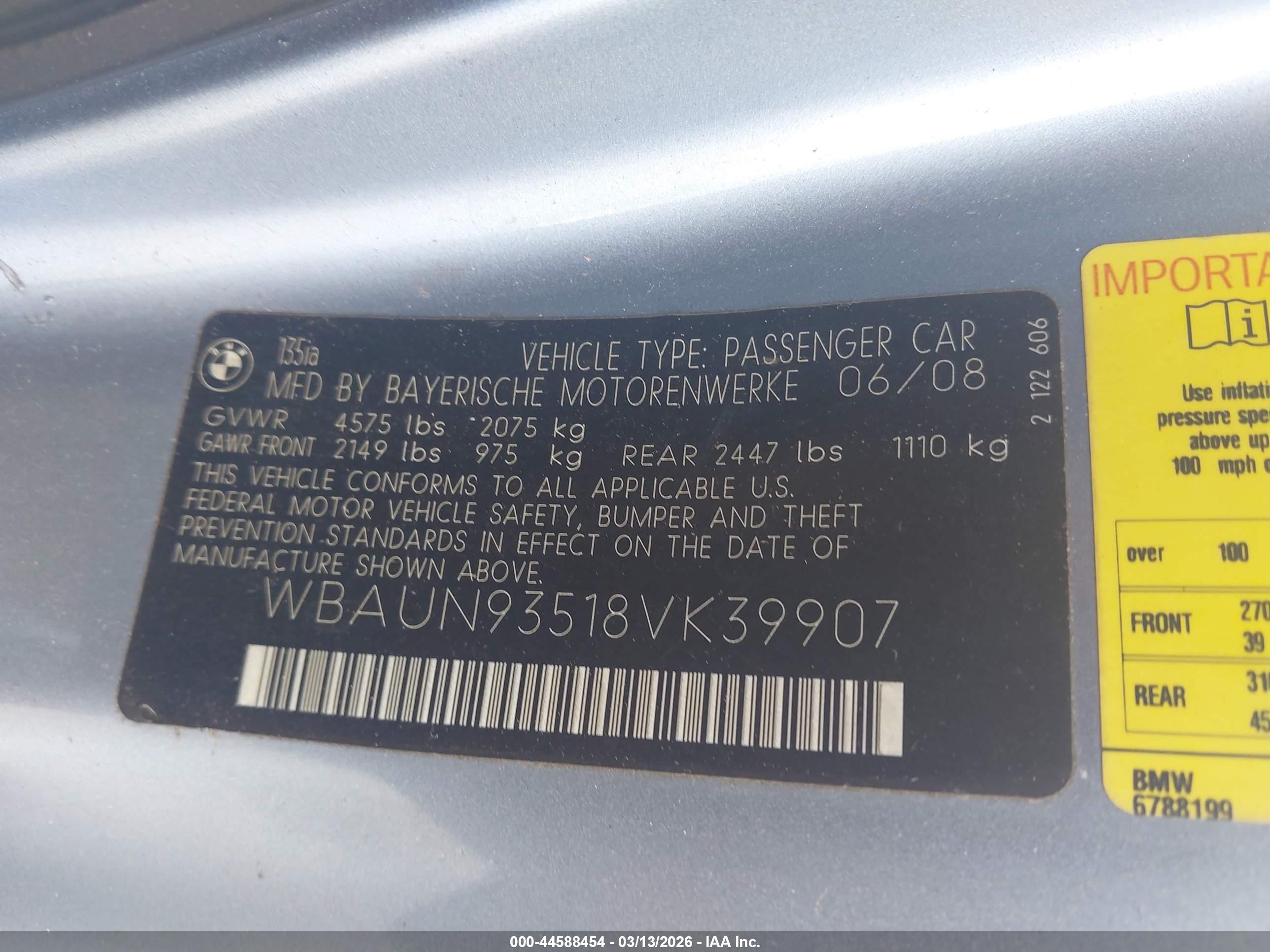 2008 Bmw 135i   Light Blue vin: WBAUN93518VK39907