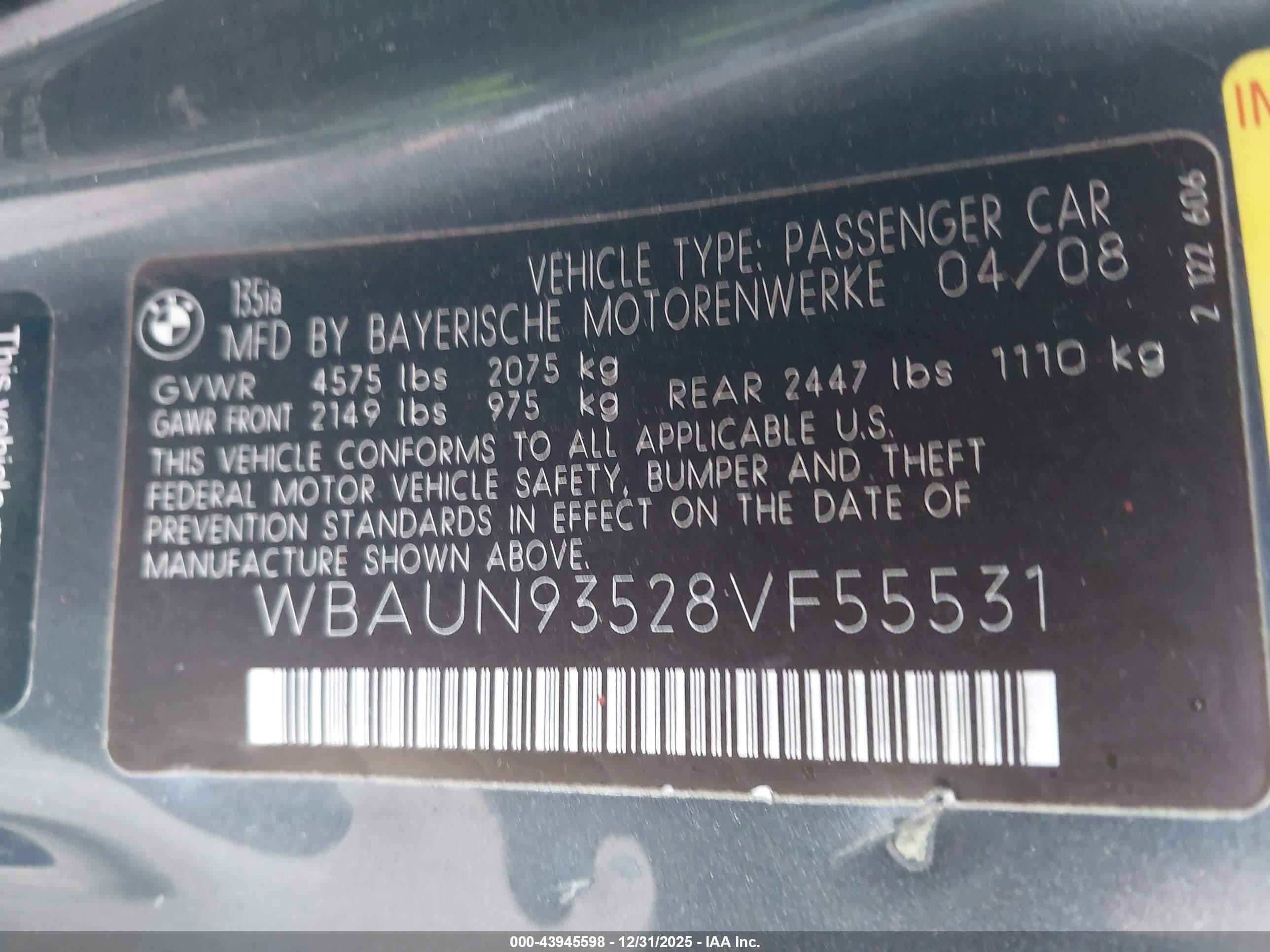 2008 Bmw 135i   Gray vin: WBAUN93528VF55531