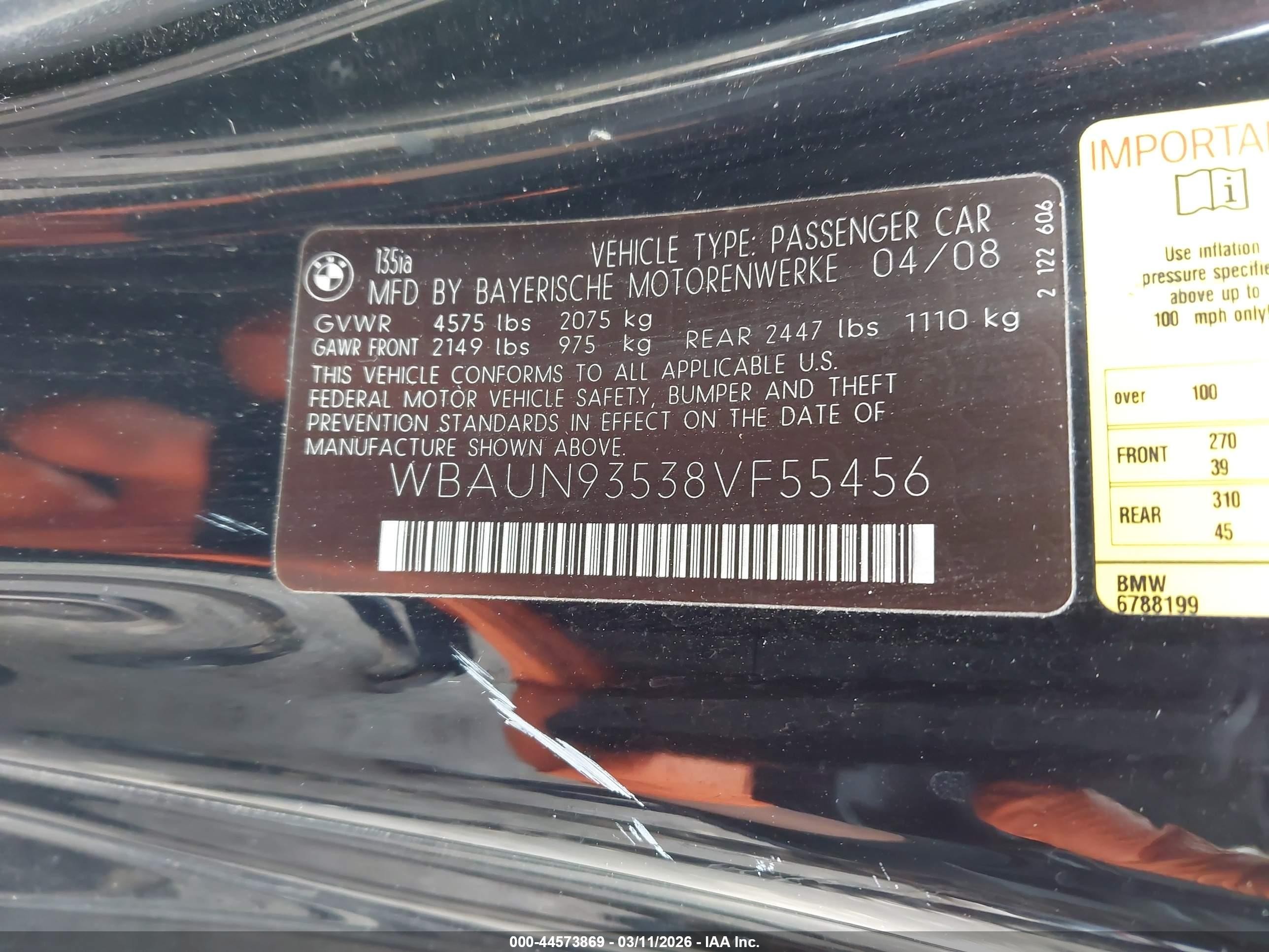 2008 Bmw 135i   Black vin: WBAUN93538VF55456