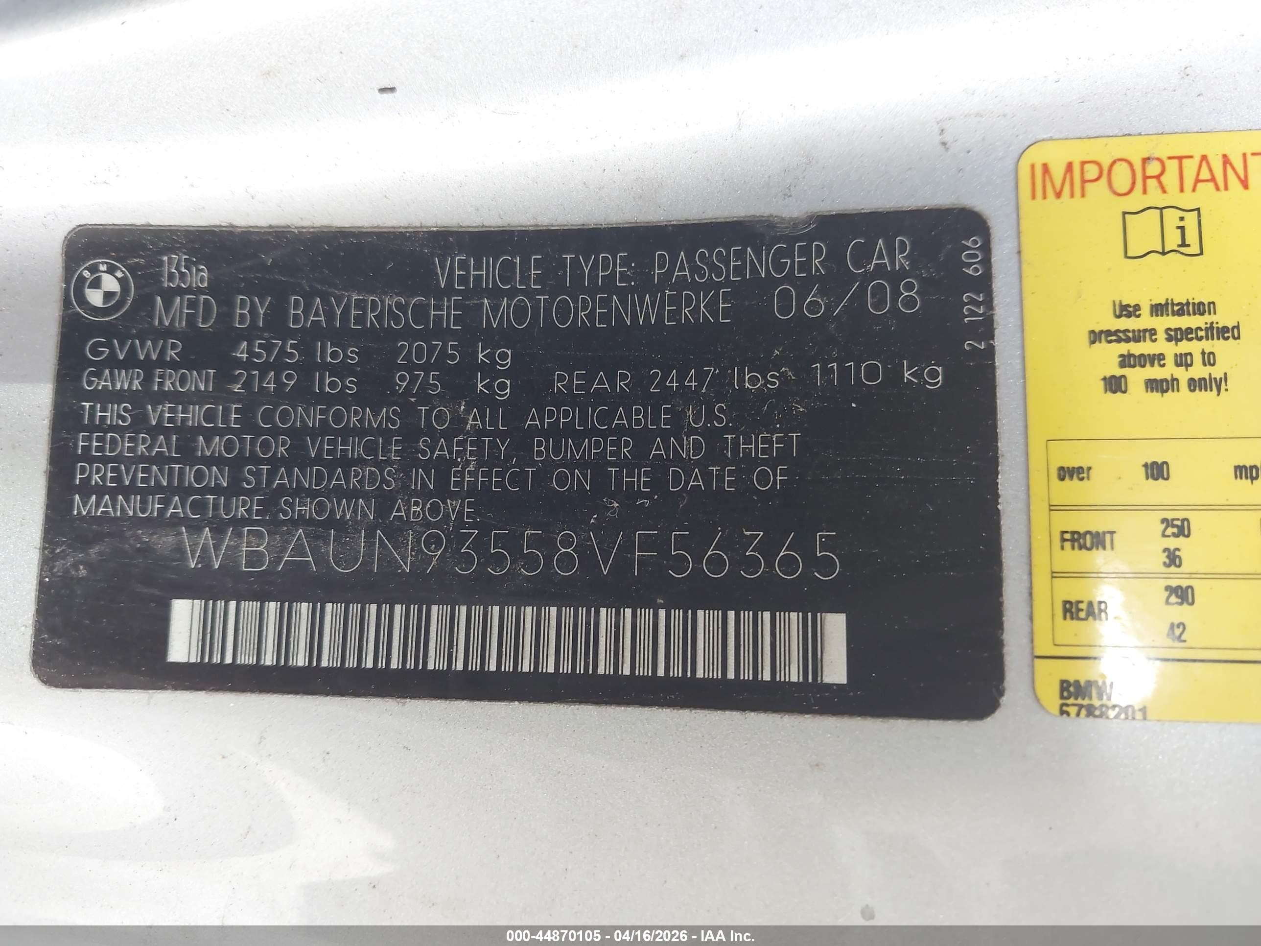 2008 Bmw 135i   Silver vin: WBAUN93558VF56365