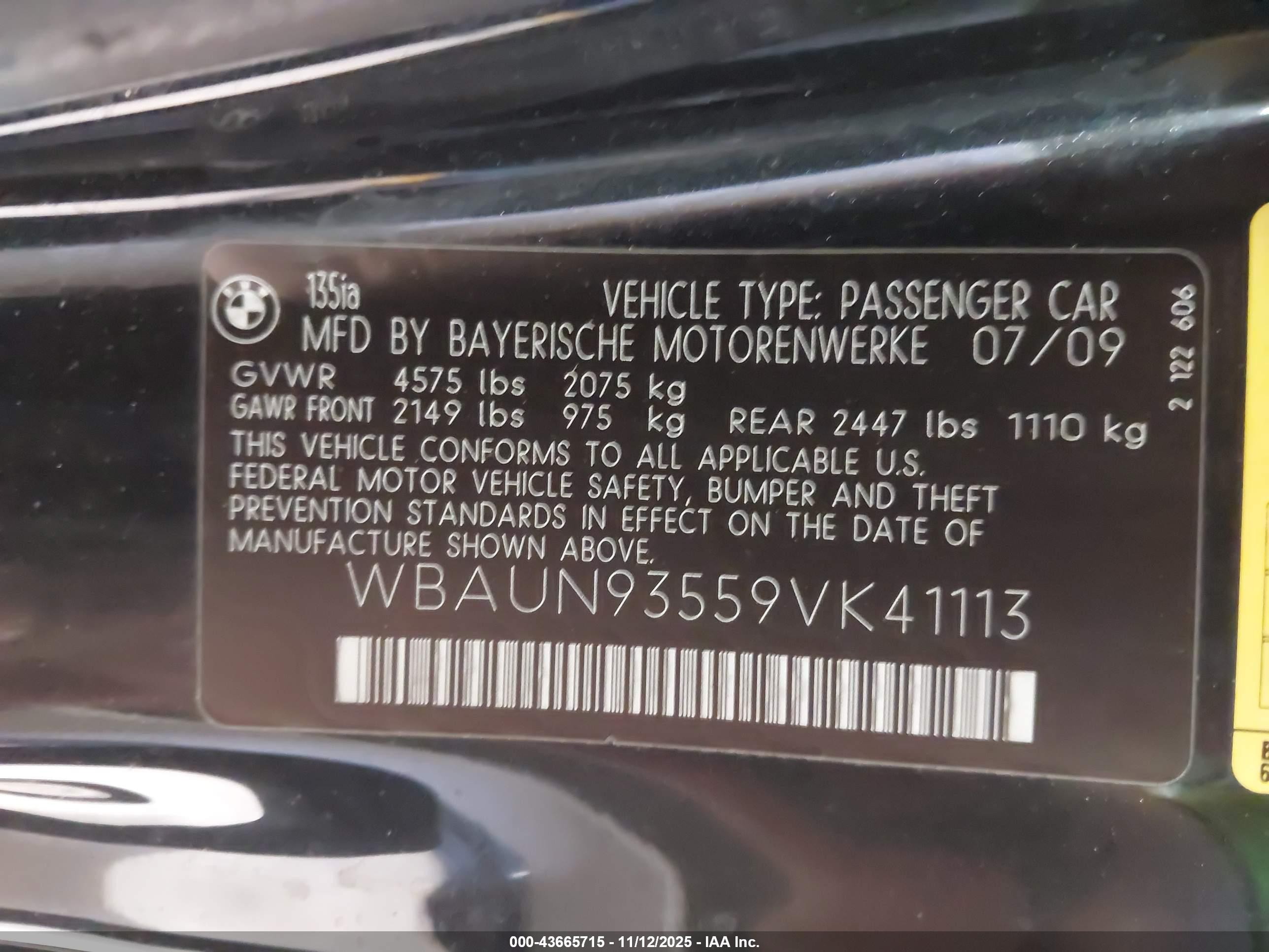 2009 Bmw 135i   Black vin: WBAUN93559VK41113