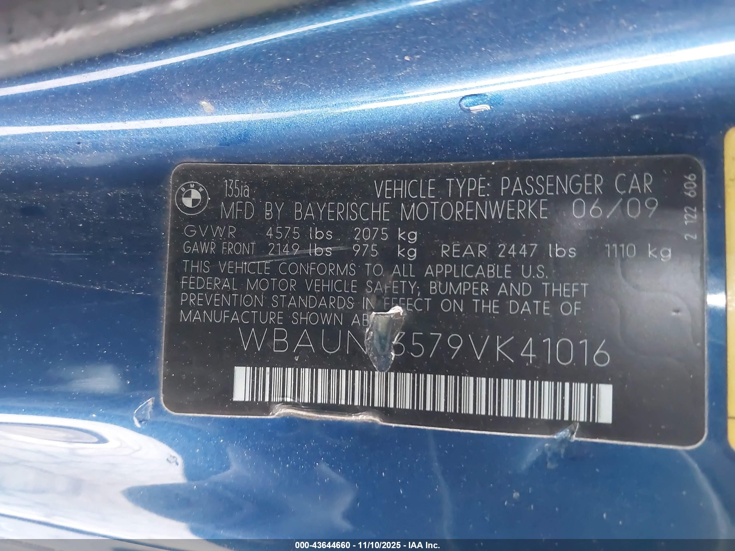 2009 Bmw 135i   Blue vin: WBAUN93579VK41016