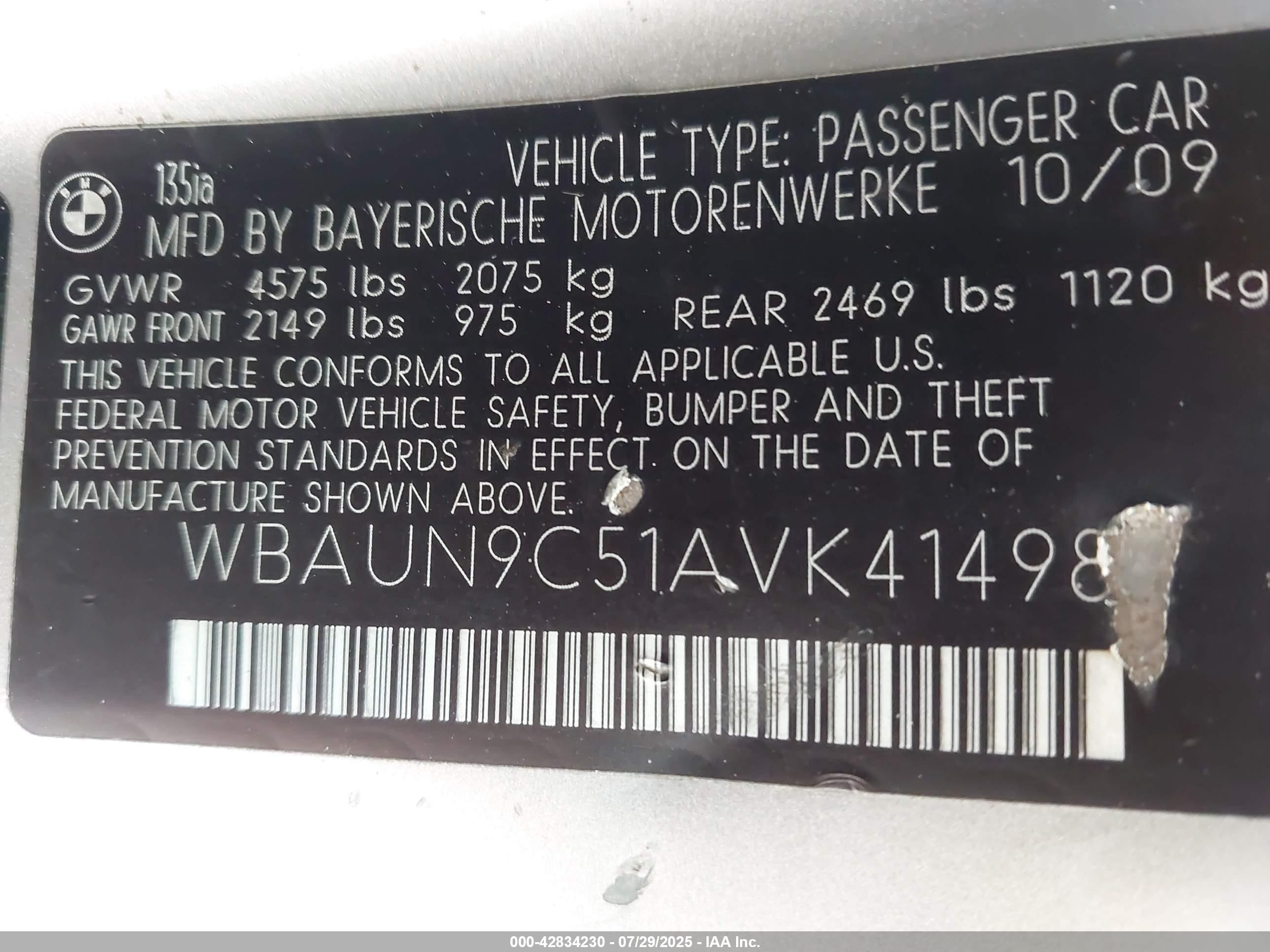 2010 Bmw 135i   Silver vin: WBAUN9C51AVK41498