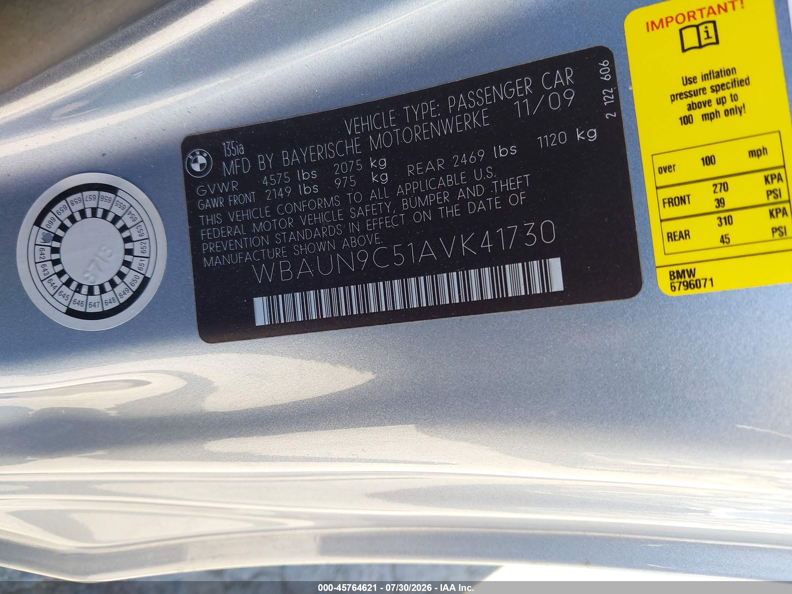 2010 Bmw 135i   Blue vin: WBAUN9C51AVK41730