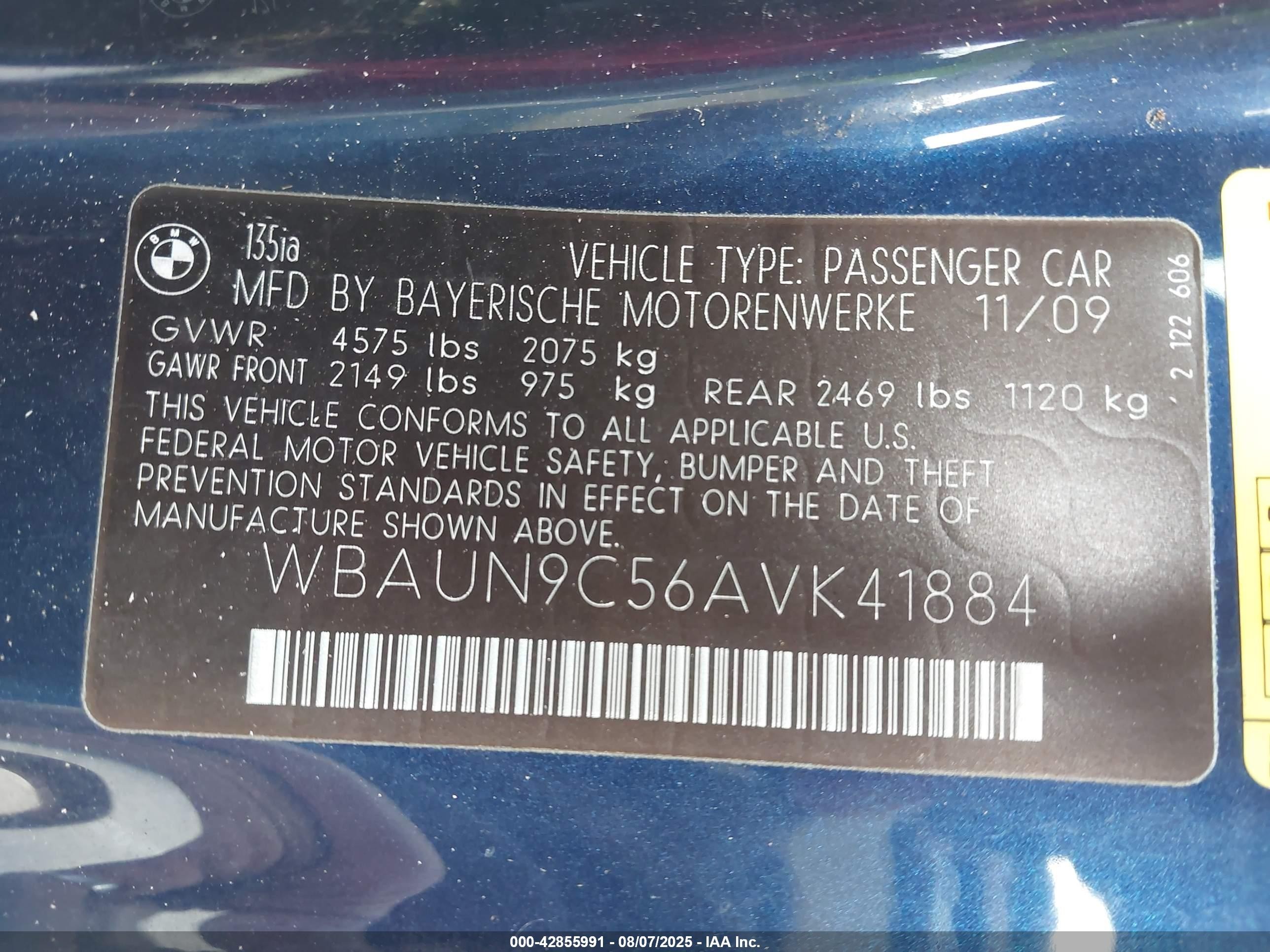 2010 Bmw 135i   Синий vin: WBAUN9C56AVK41884