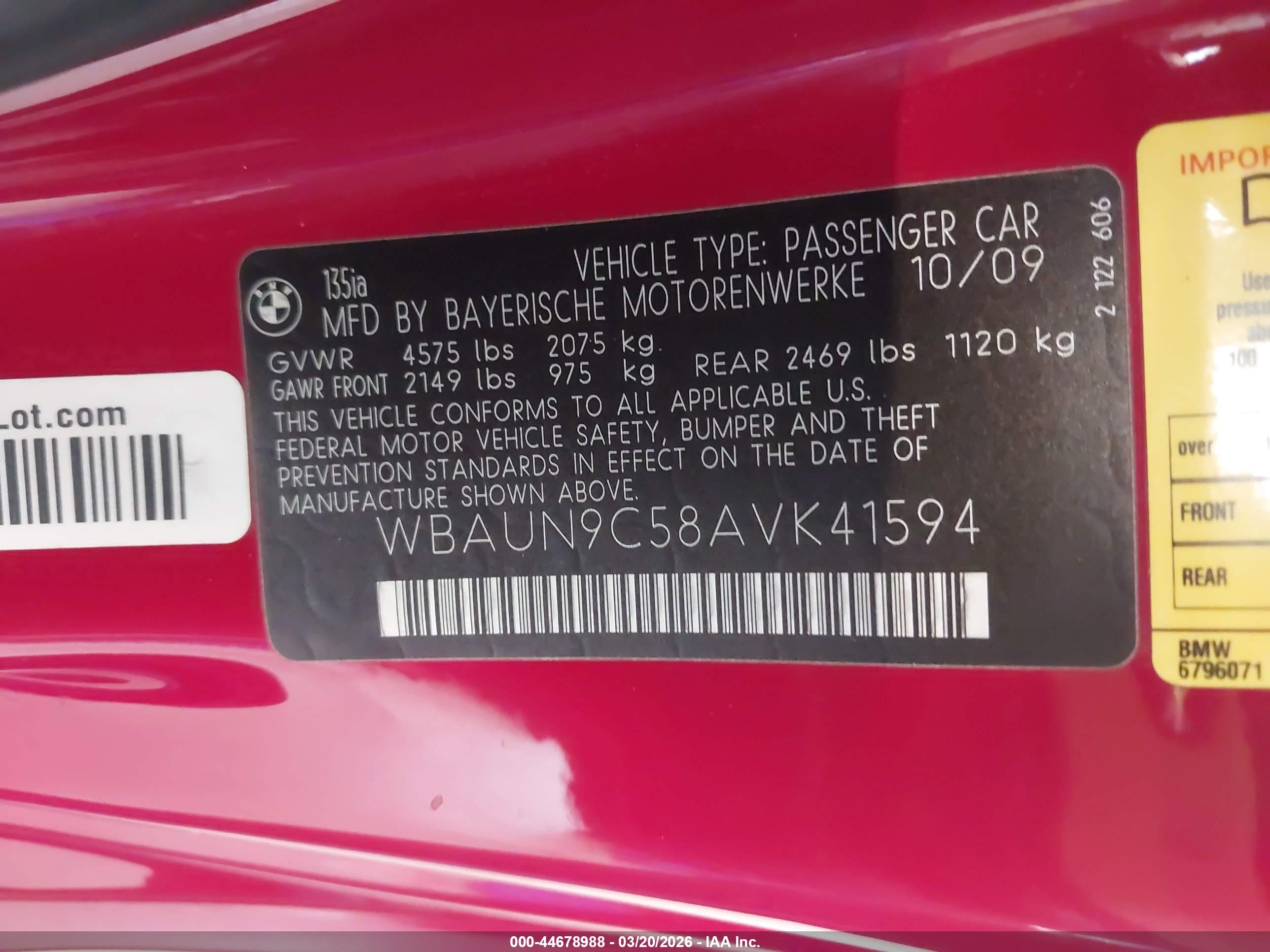 2010 Bmw 135i   Red vin: WBAUN9C58AVK41594