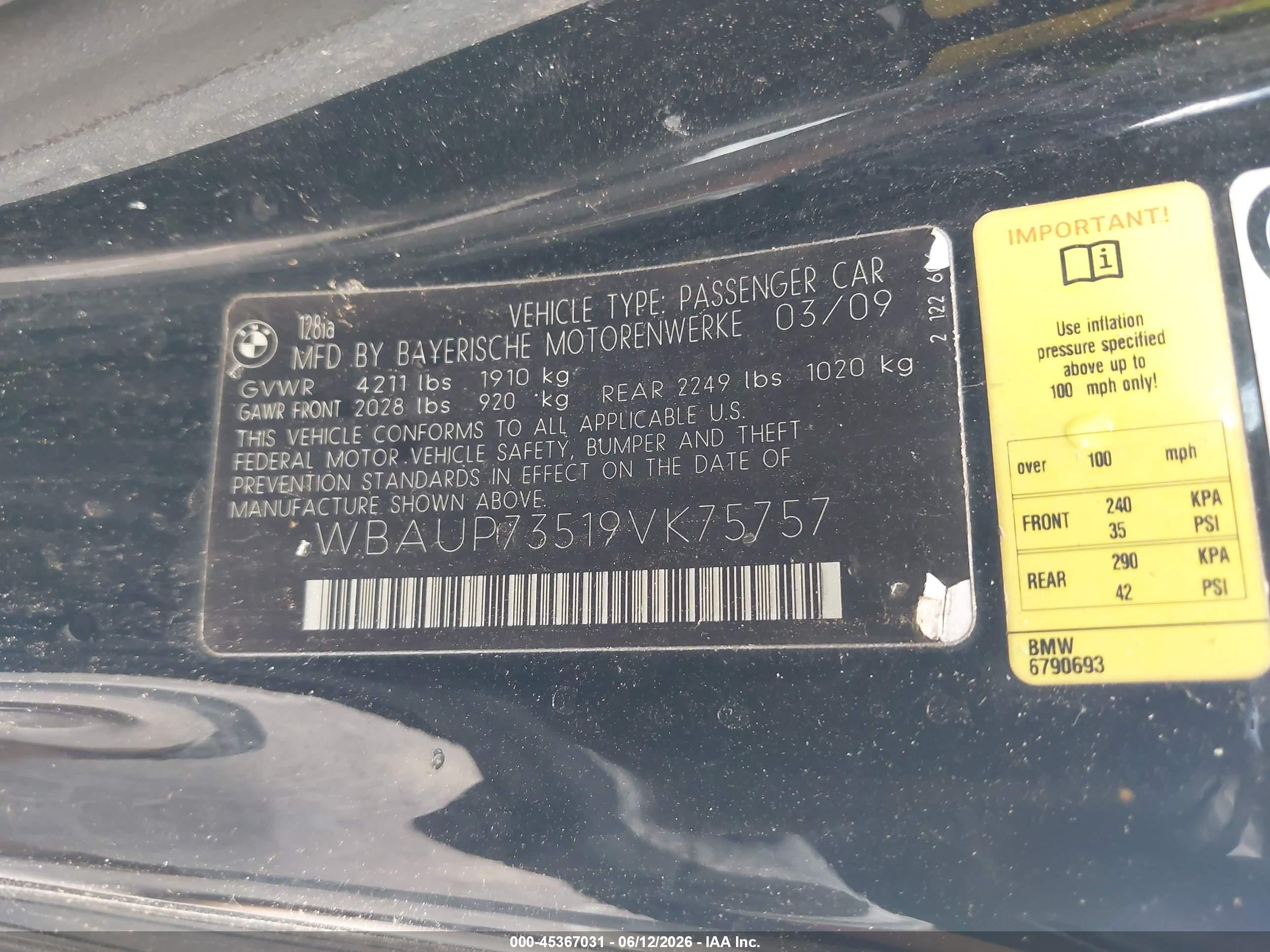 2009 Bmw 128i   Black vin: WBAUP73519VK75757