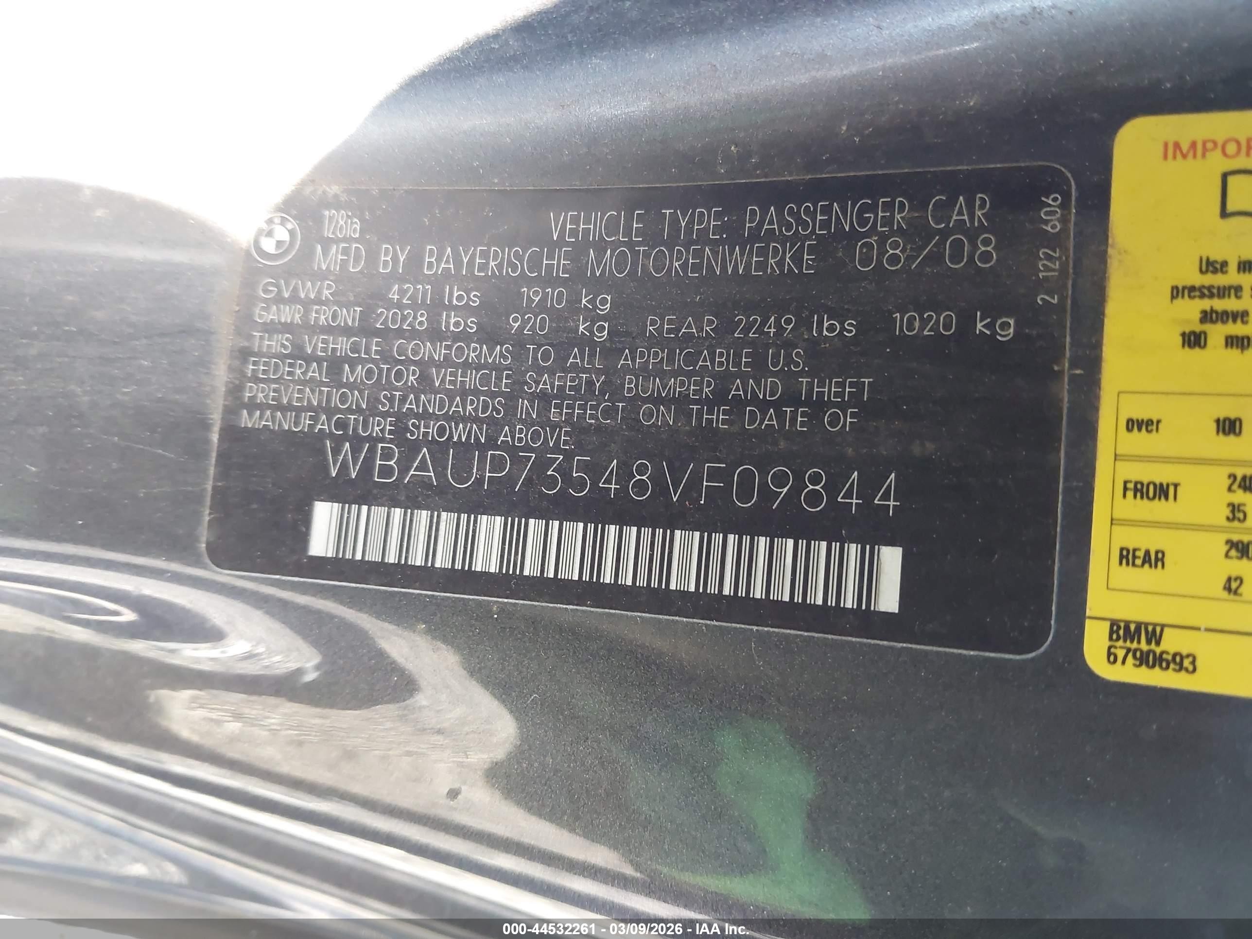 2008 Bmw 128i   Black vin: WBAUP73548VF09844