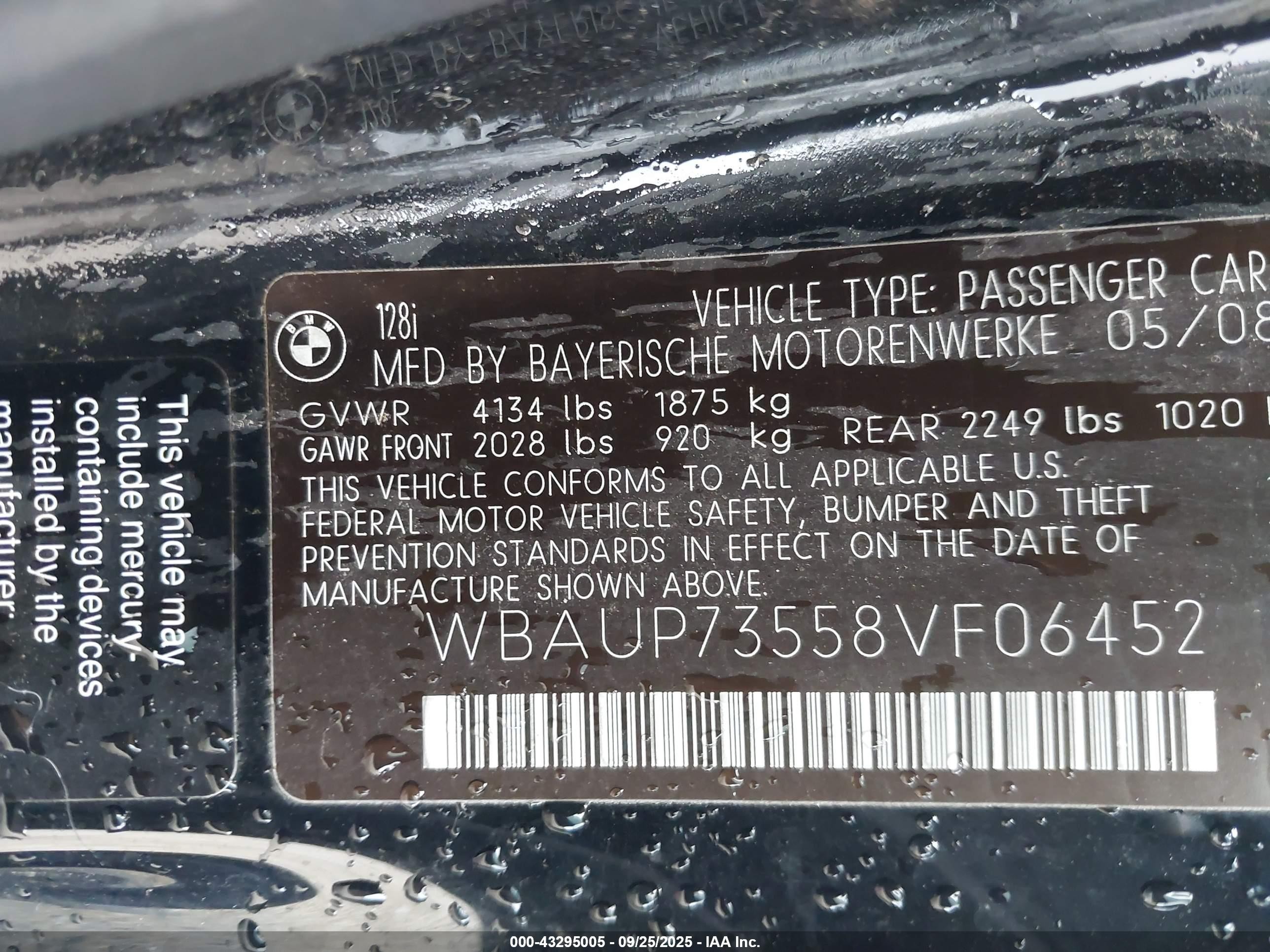 2008 Bmw 128i   Black vin: WBAUP73558VF06452