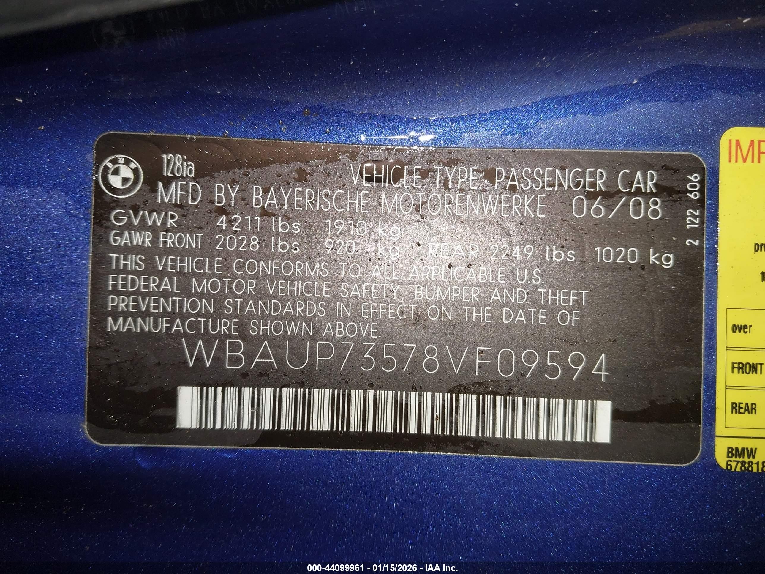 2008 Bmw 128i   Blue vin: WBAUP73578VF09594