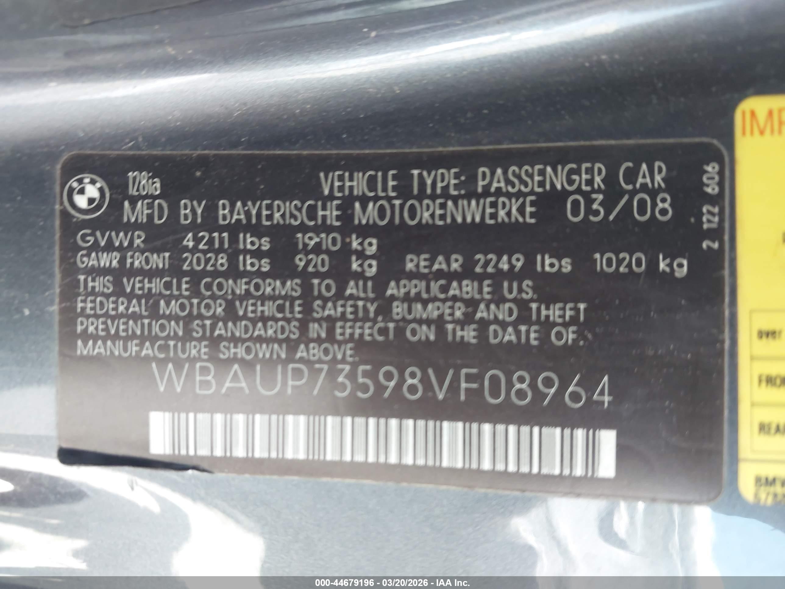 2008 Bmw 128i   Gray vin: WBAUP73598VF08964