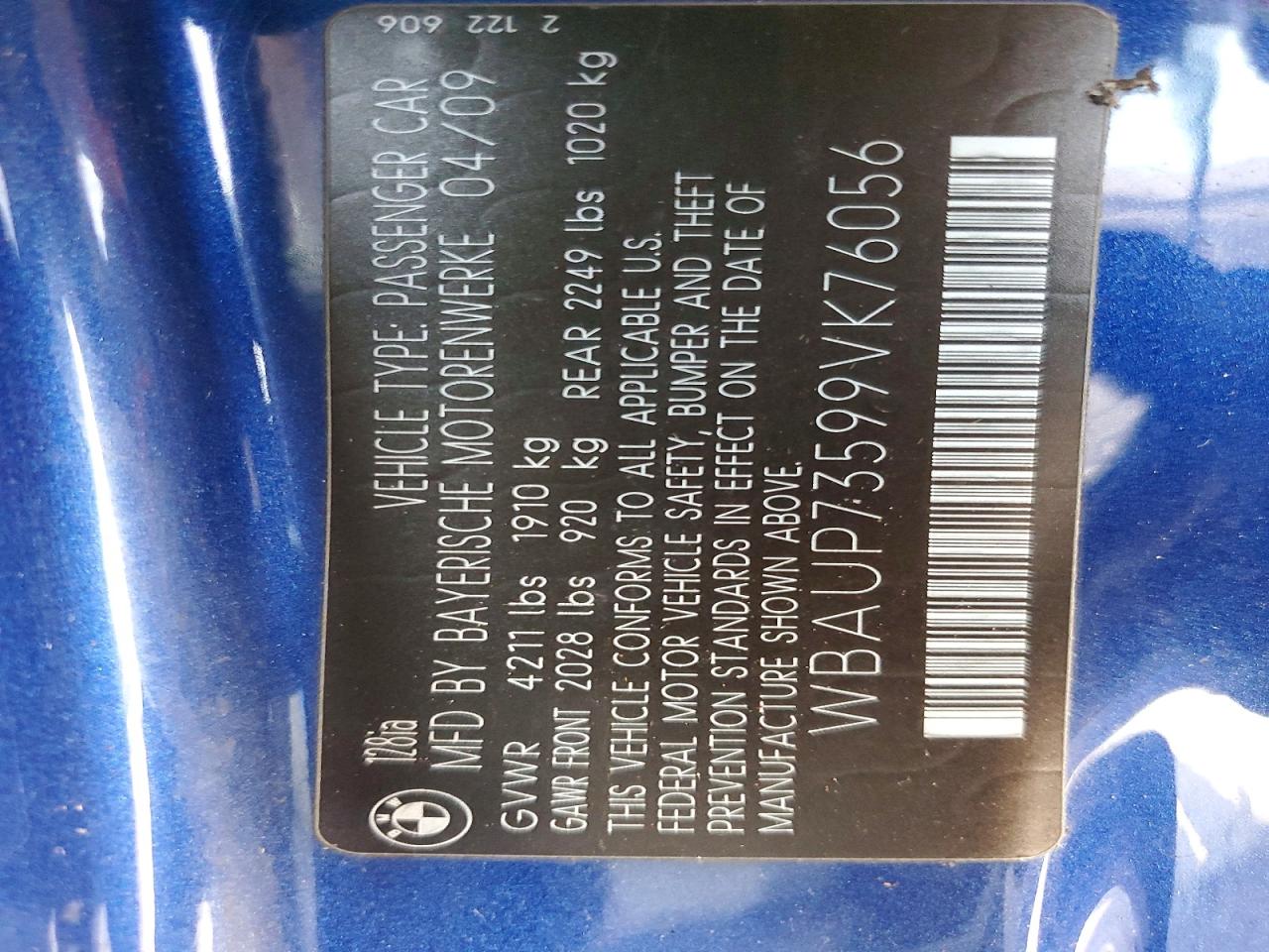 2009 Bmw 128 I Blue vin: WBAUP73599VK76056
