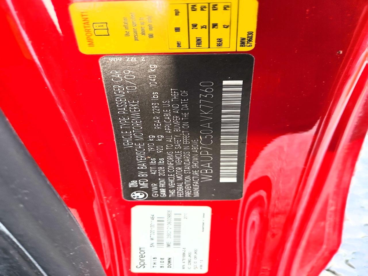 2010 Bmw 128 I Red vin: WBAUP7C50AVK77360