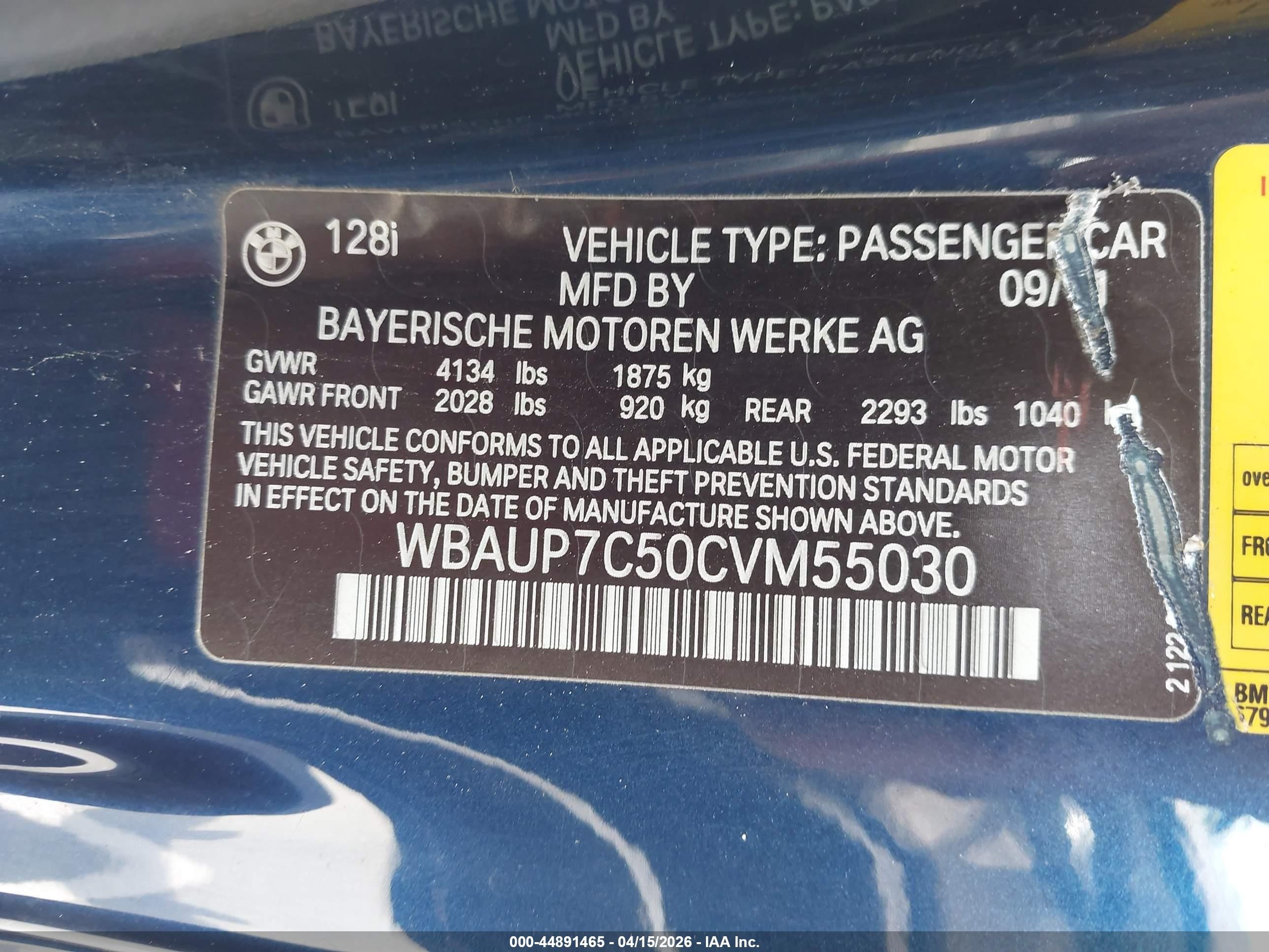 2012 Bmw 128i   Dark Blue vin: WBAUP7C50CVM55030