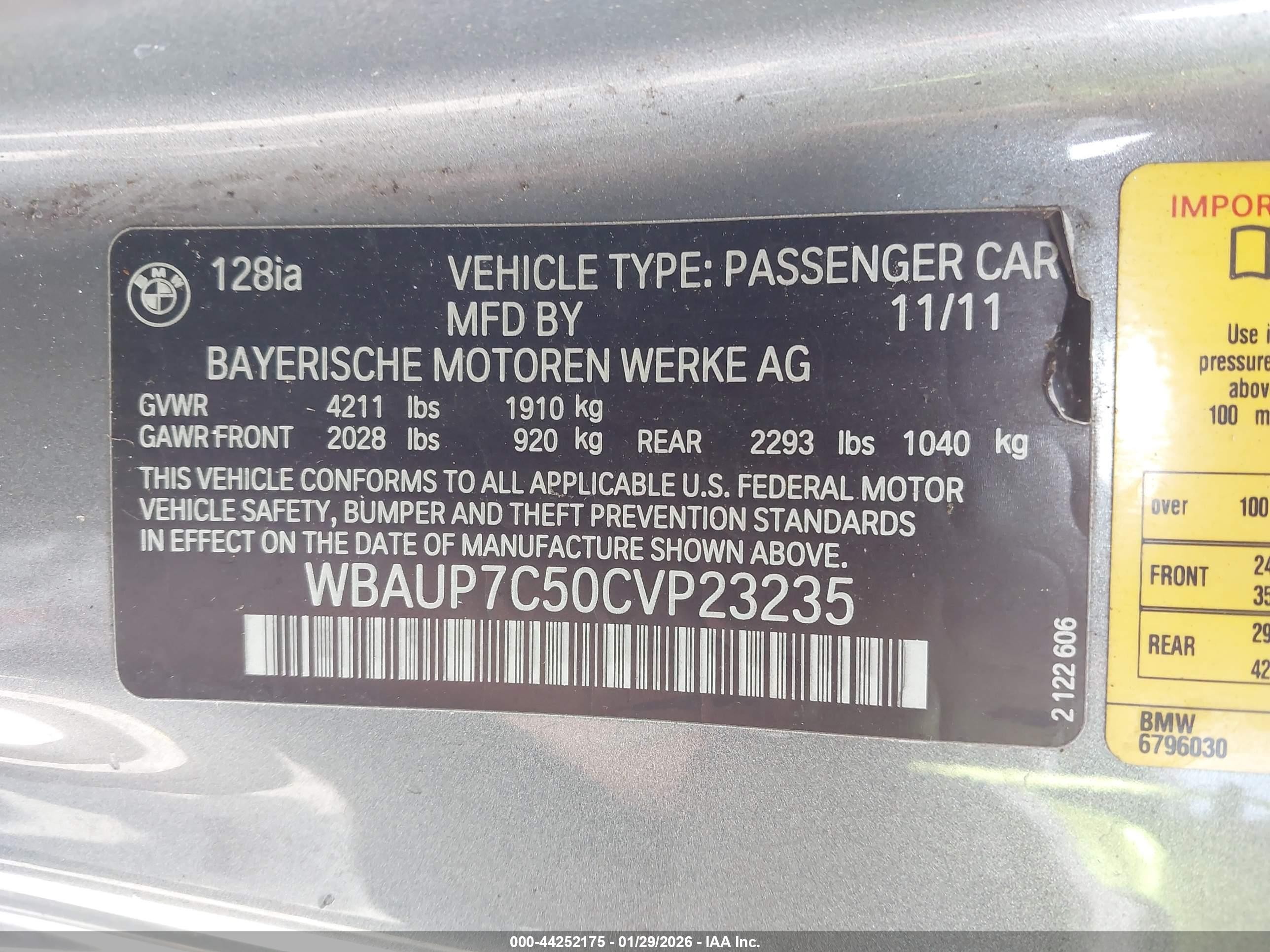 2012 Bmw 128i   Gray vin: WBAUP7C50CVP23235