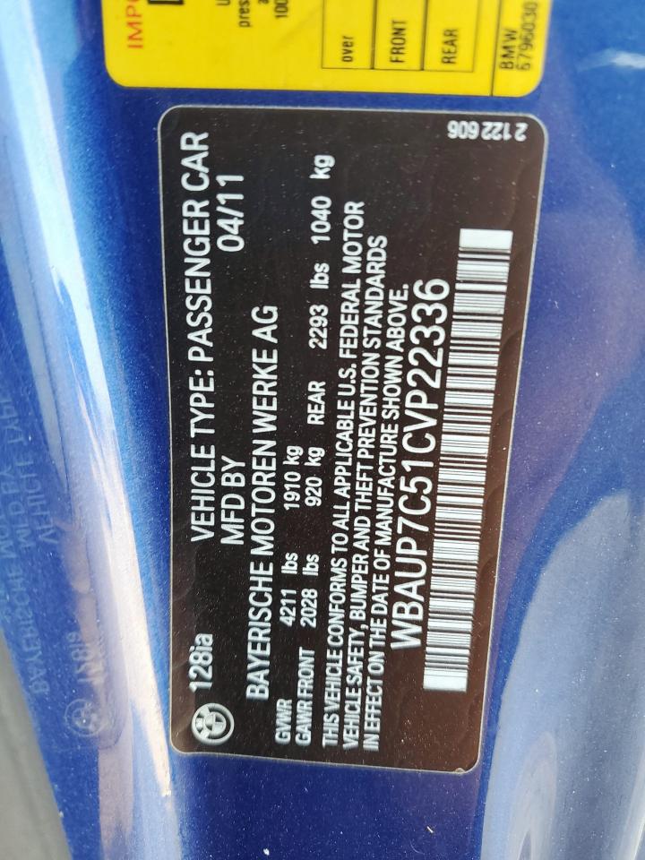 2012 Bmw 128 I Blue vin: WBAUP7C51CVP22336
