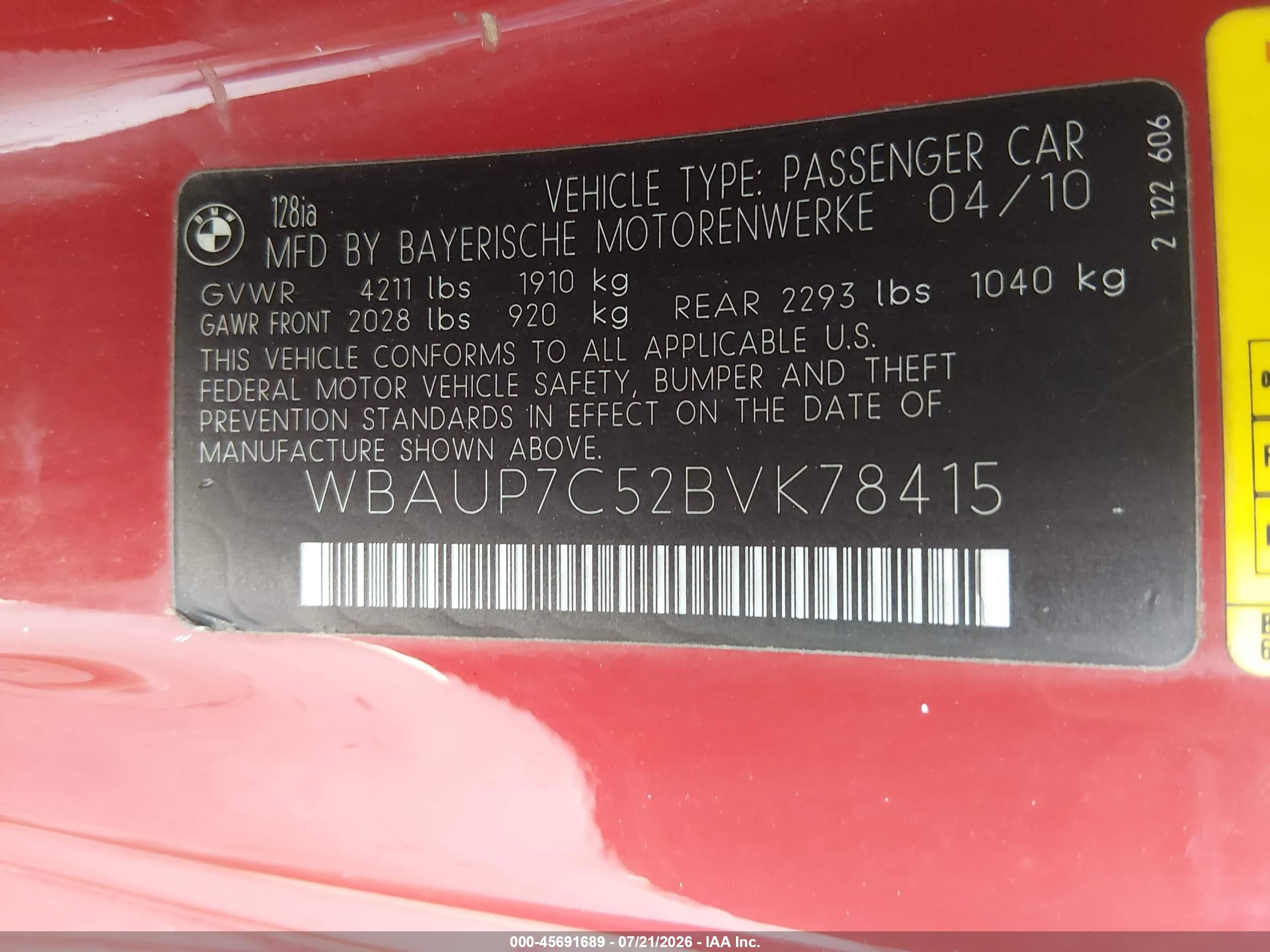 2011 Bmw 128i   Red vin: WBAUP7C52BVK78415