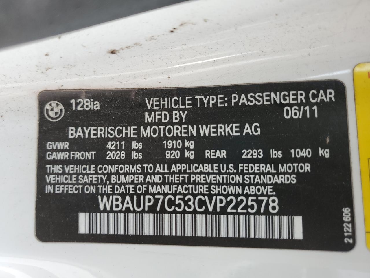 2012 Bmw 128 I White vin: WBAUP7C53CVP22578