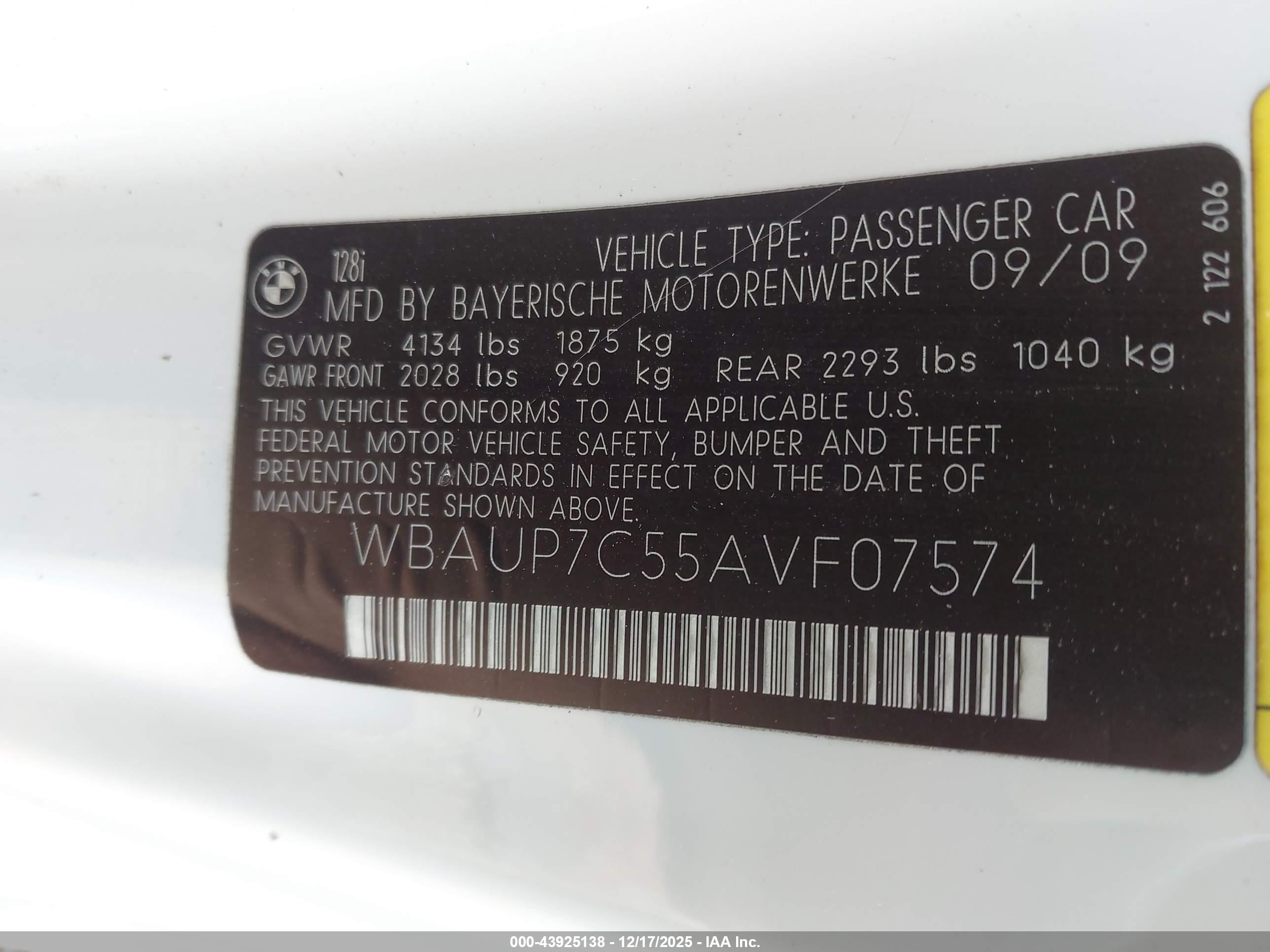 2010 Bmw 128i   White vin: WBAUP7C55AVF07574
