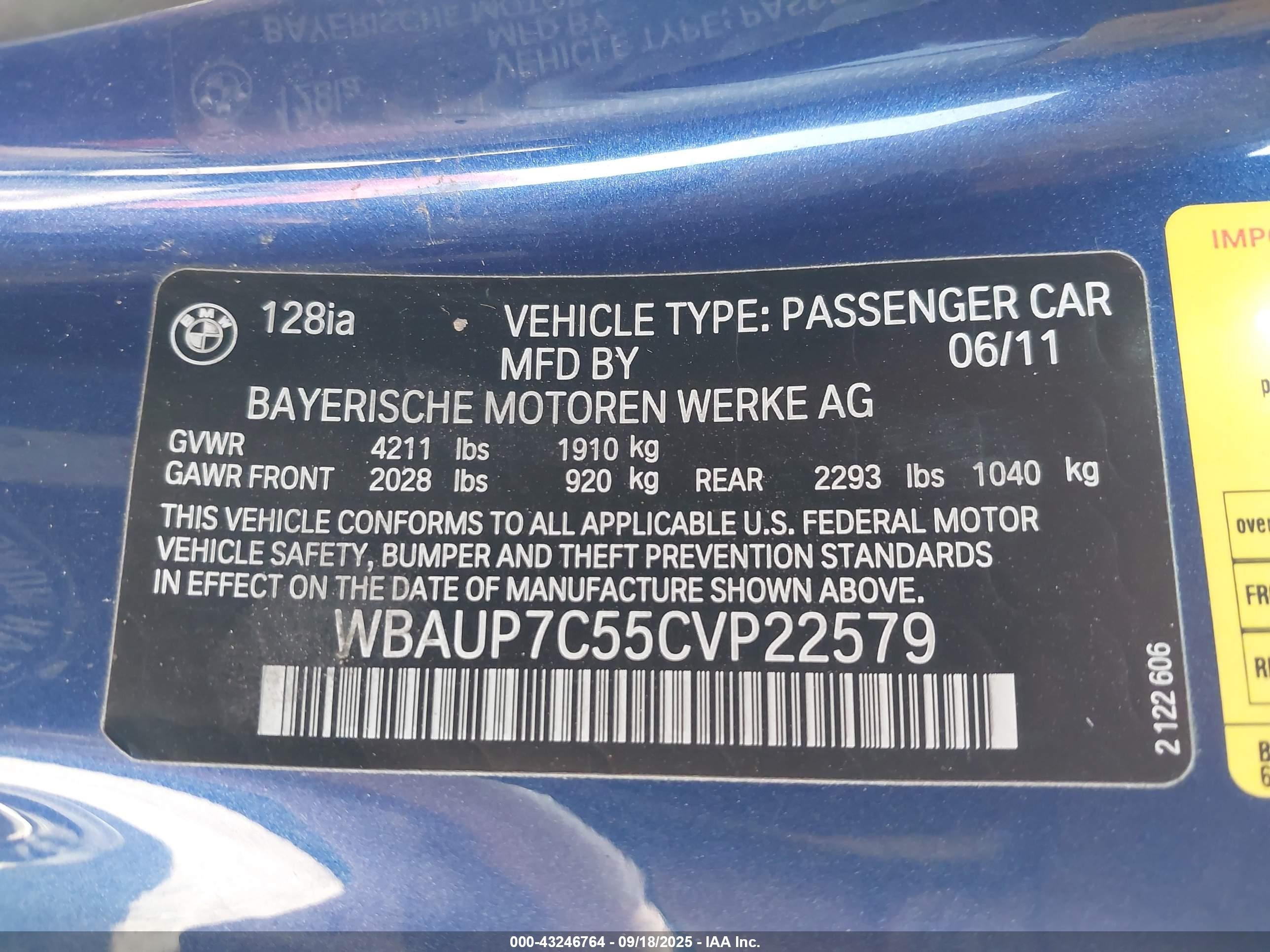 2012 Bmw 128i   Blue vin: WBAUP7C55CVP22579