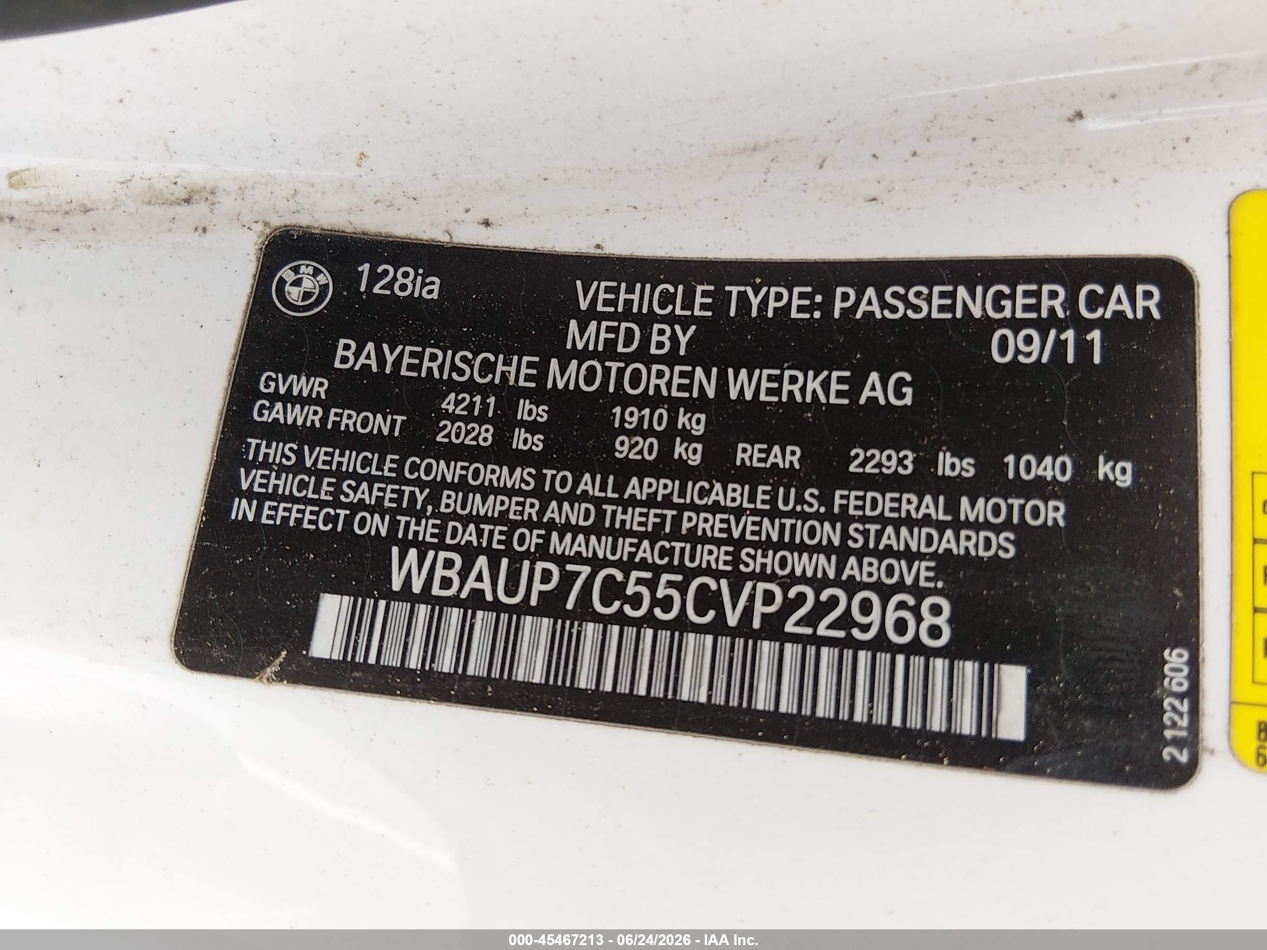 2012 Bmw 128i White vin: WBAUP7C55CVP22968