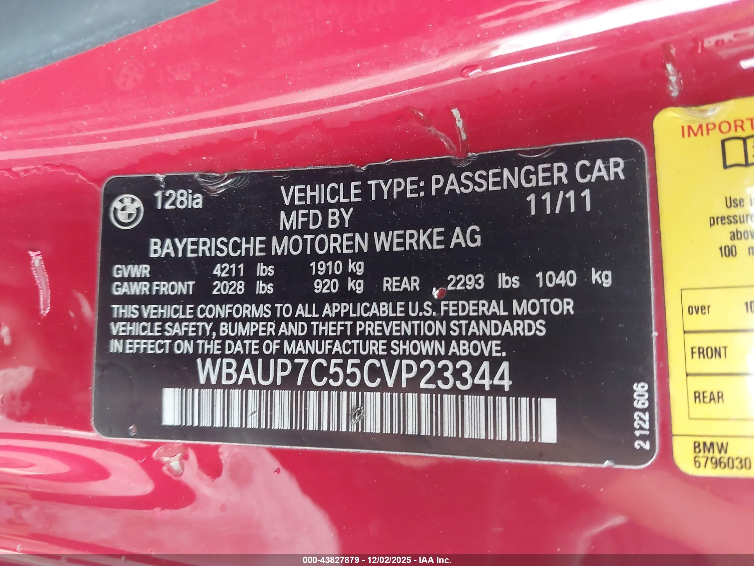 2012 Bmw 128i   Red vin: WBAUP7C55CVP23344