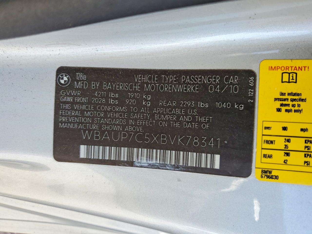 2011 Bmw 128 I Silver vin: WBAUP7C5XBVK78341