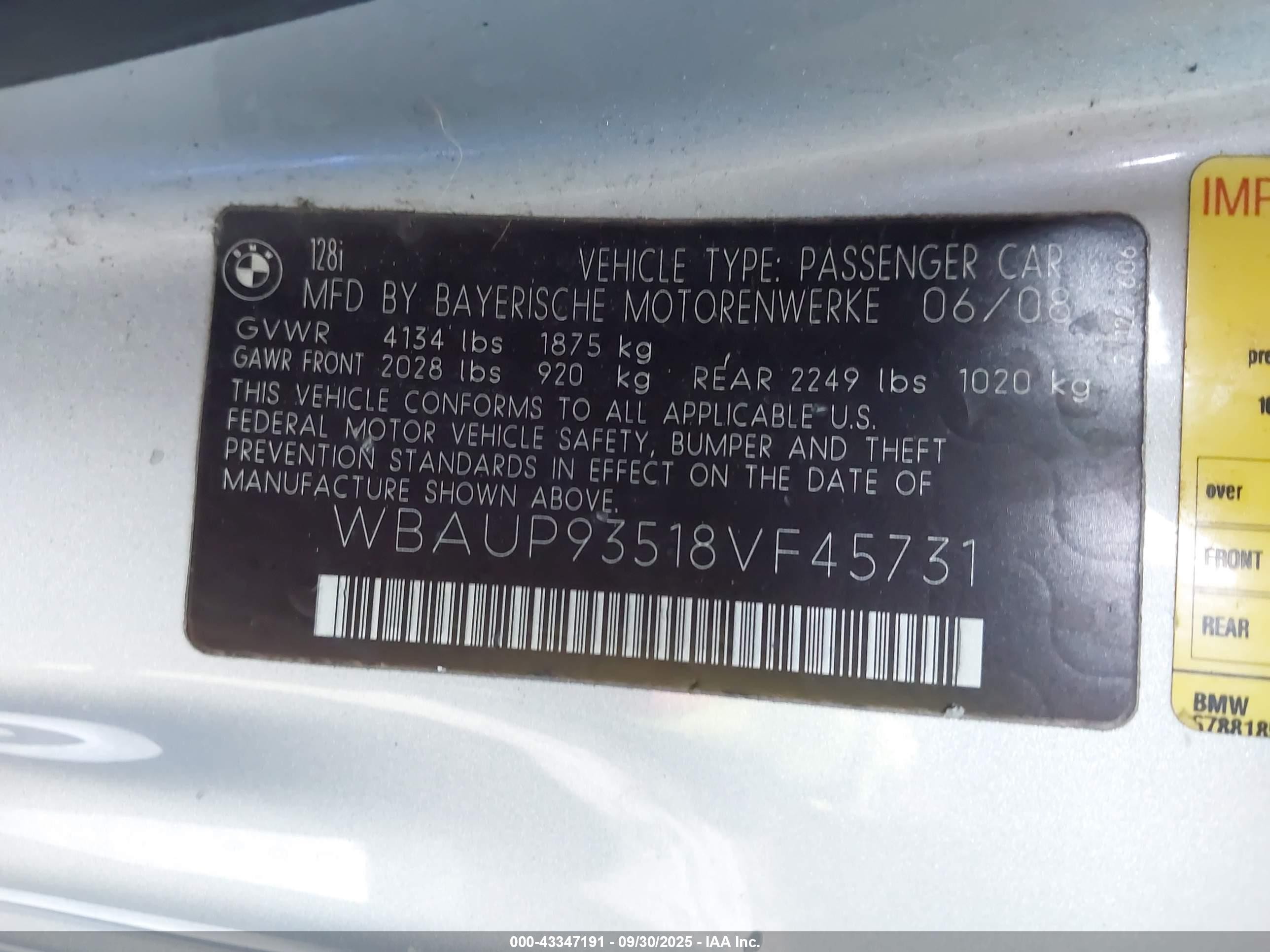 2008 Bmw 128i   Silver vin: WBAUP93518VF45731
