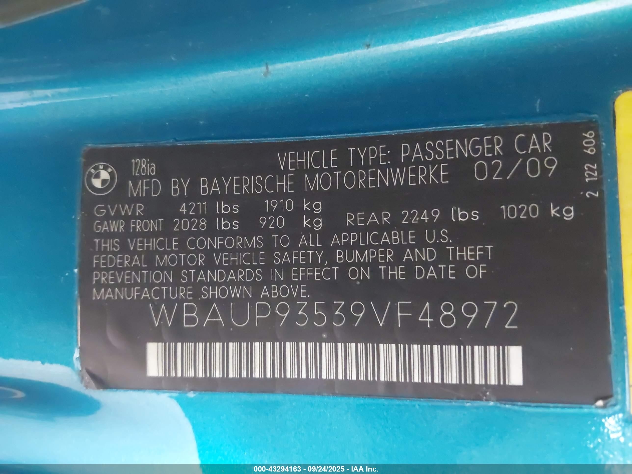 2009 Bmw 128i   Бирюзовый vin: WBAUP93539VF48972
