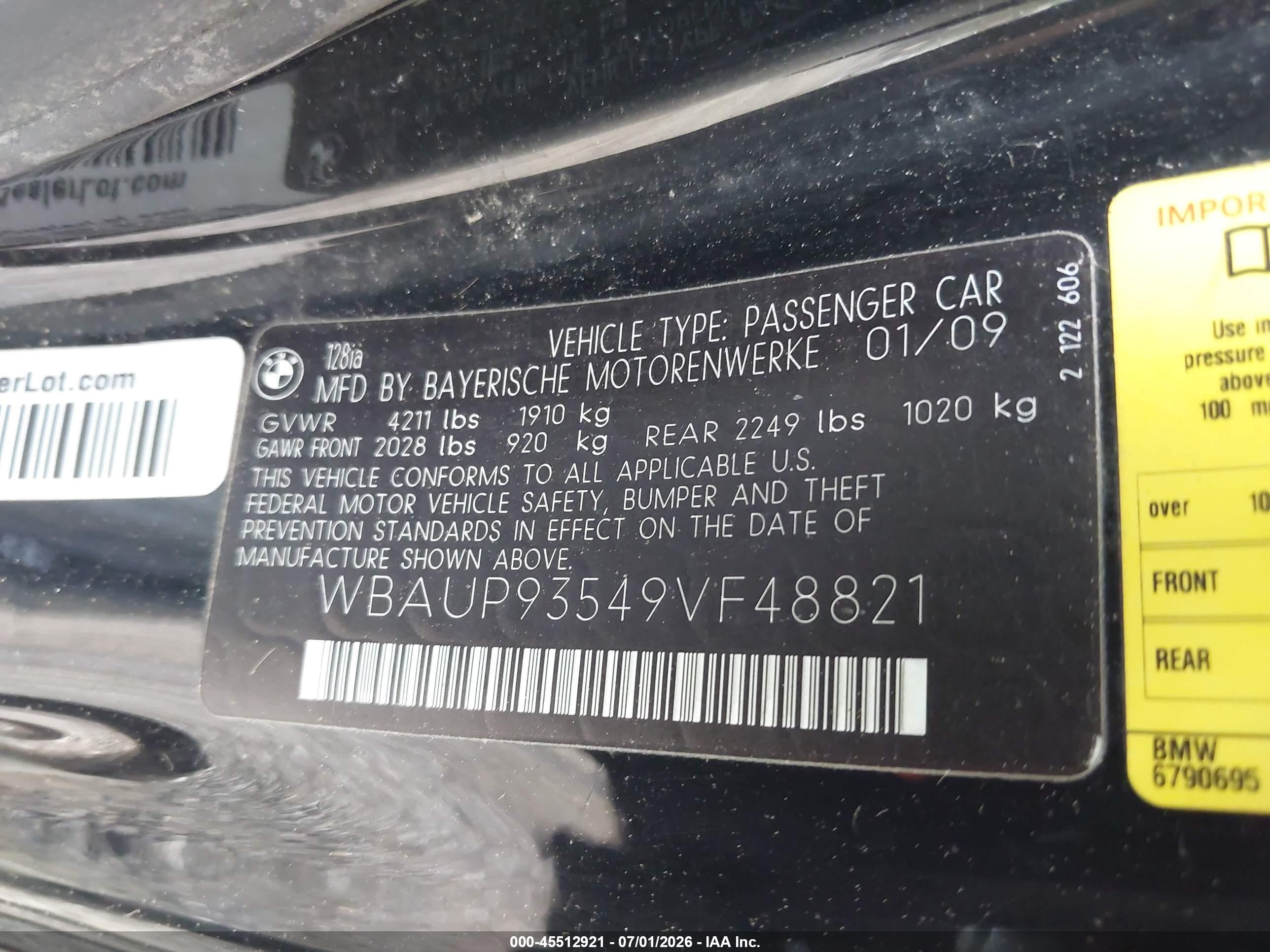 2009 Bmw 128i   Black vin: WBAUP93549VF48821
