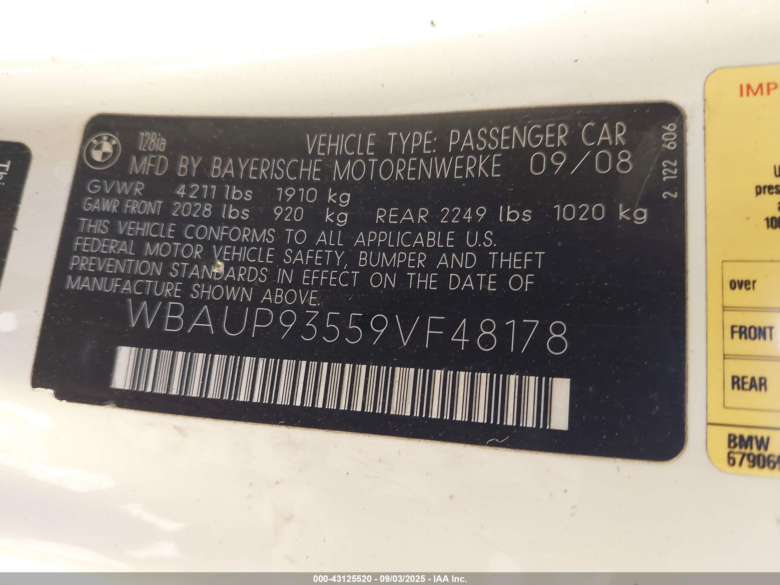 2009 Bmw 128i   White vin: WBAUP93559VF48178