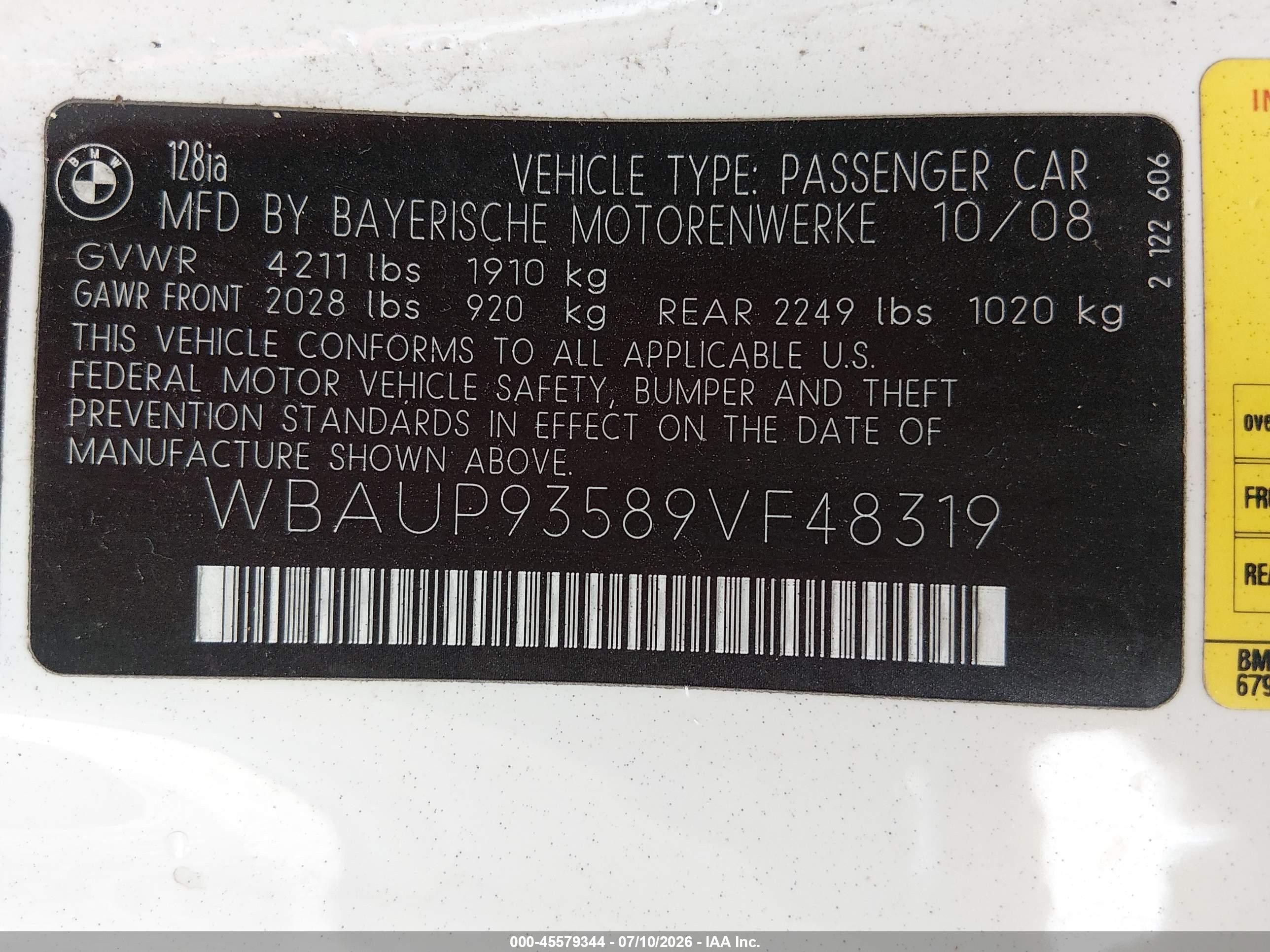 2009 Bmw 128i   Белый vin: WBAUP93589VF48319