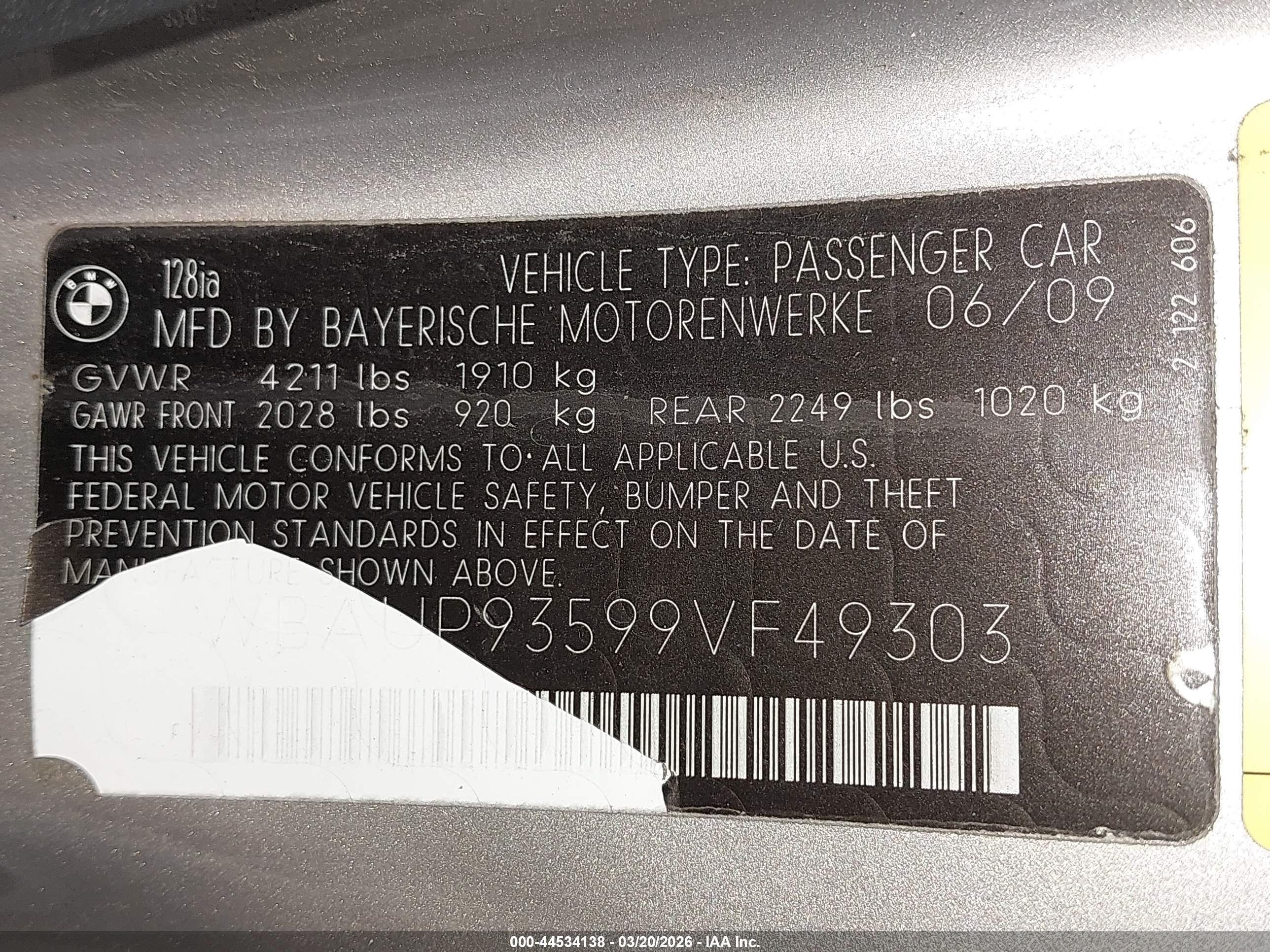 2009 Bmw 128i   Gold vin: WBAUP93599VF49303